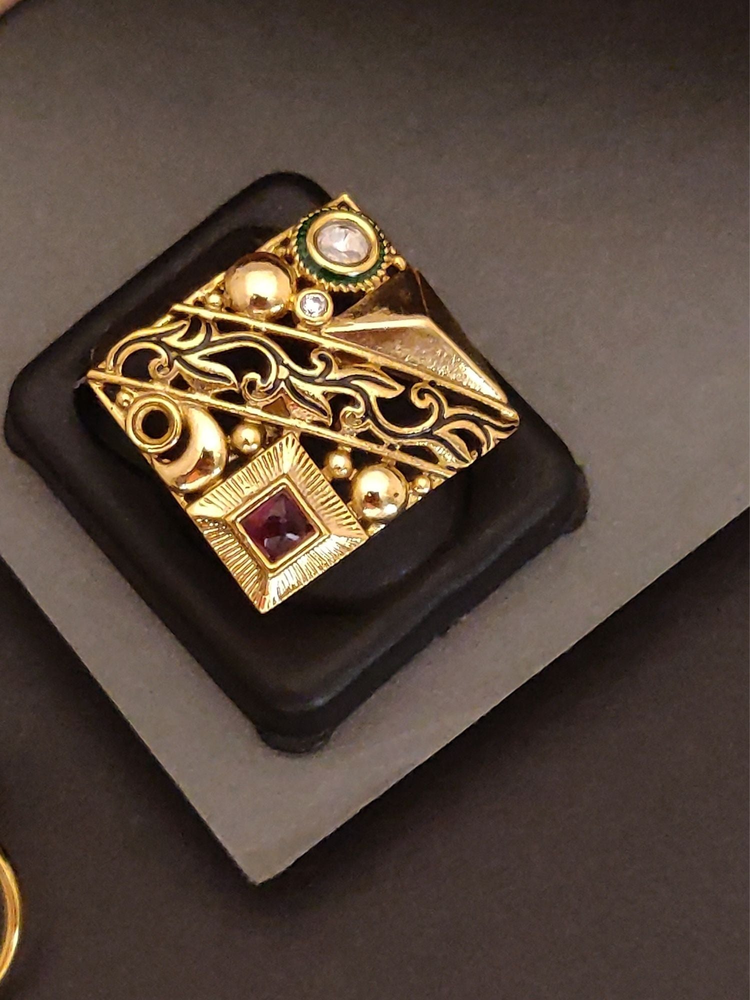 Abdesigns Jewellery Gold-Plated Designer Statement Ring with intricate patterns and gemstone accents