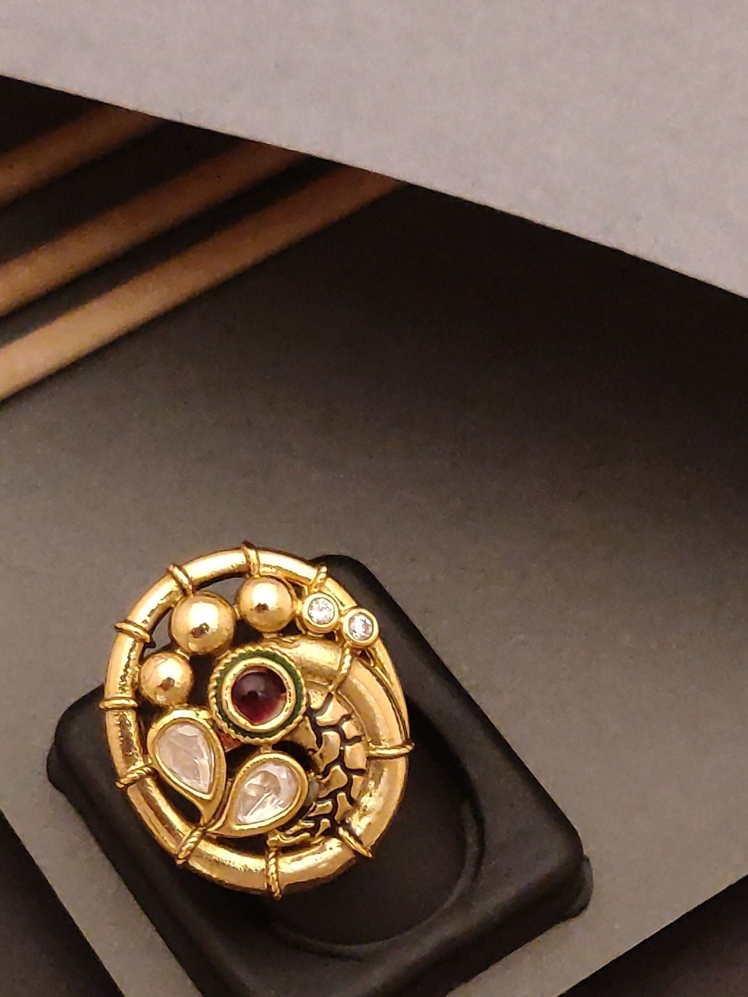 Abdesigns Jewellery Gold-Plated Elegant Designer Ring with intricate detailing and gemstone accents