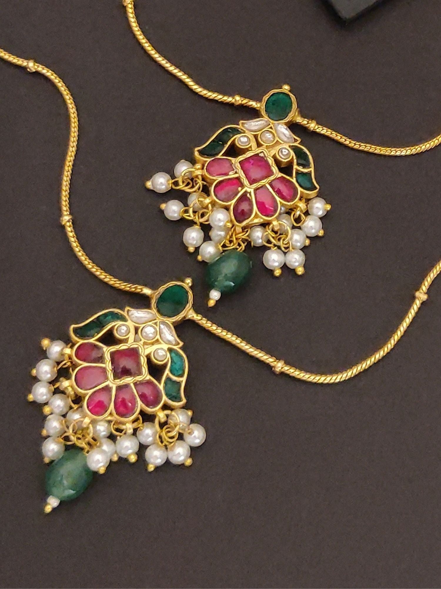 Abdesigns Jewellery Gold Plated Floral Pearl Anklets Set with pink and green stones and pearl accents