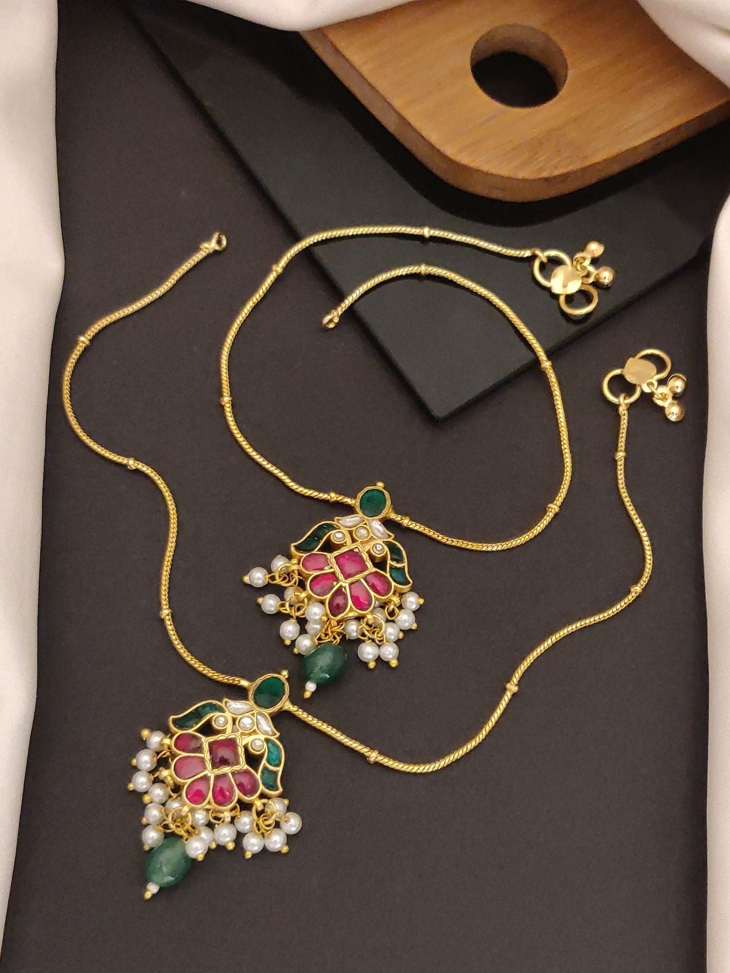 Abdesigns Jewellery Gold Plated Floral Pearl Anklets Set with intricate green and pink enamel design