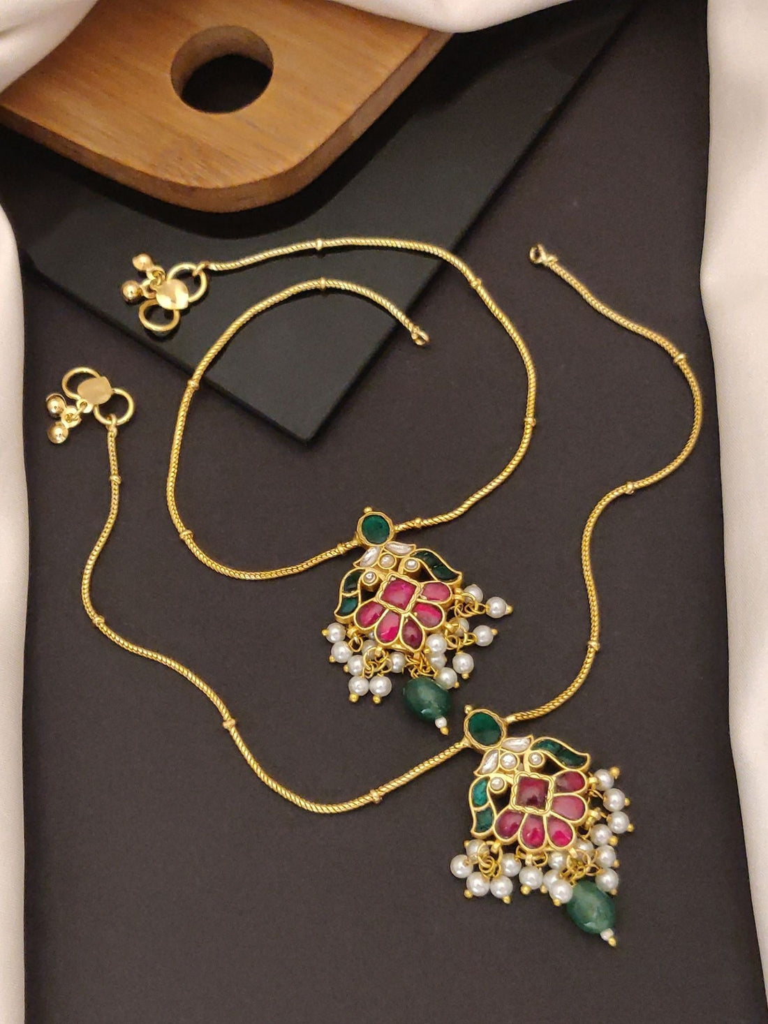 Abdesigns Jewellery Gold Plated Floral Pearl Anklets Set with intricate pink and green floral design and pearl accents