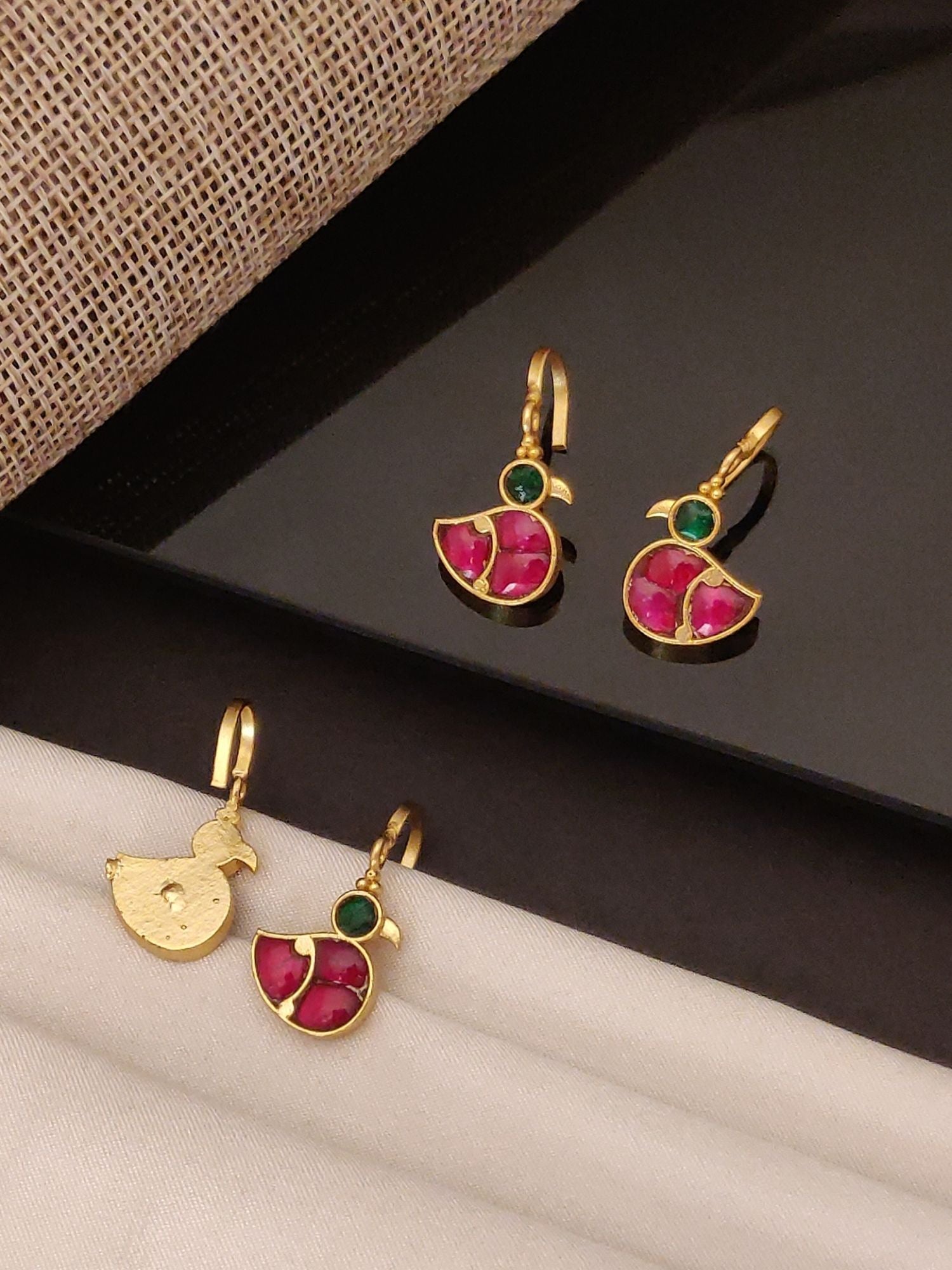 Abdesigns Jewellery Gold Plated Red Green Duck Bugadi earrings with red and green stones in duck shape