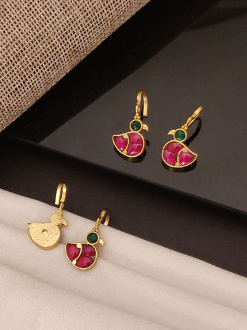 Abdesigns Jewellery Gold Plated Red Green Duck Bugadi earrings with red and green stones in duck shape