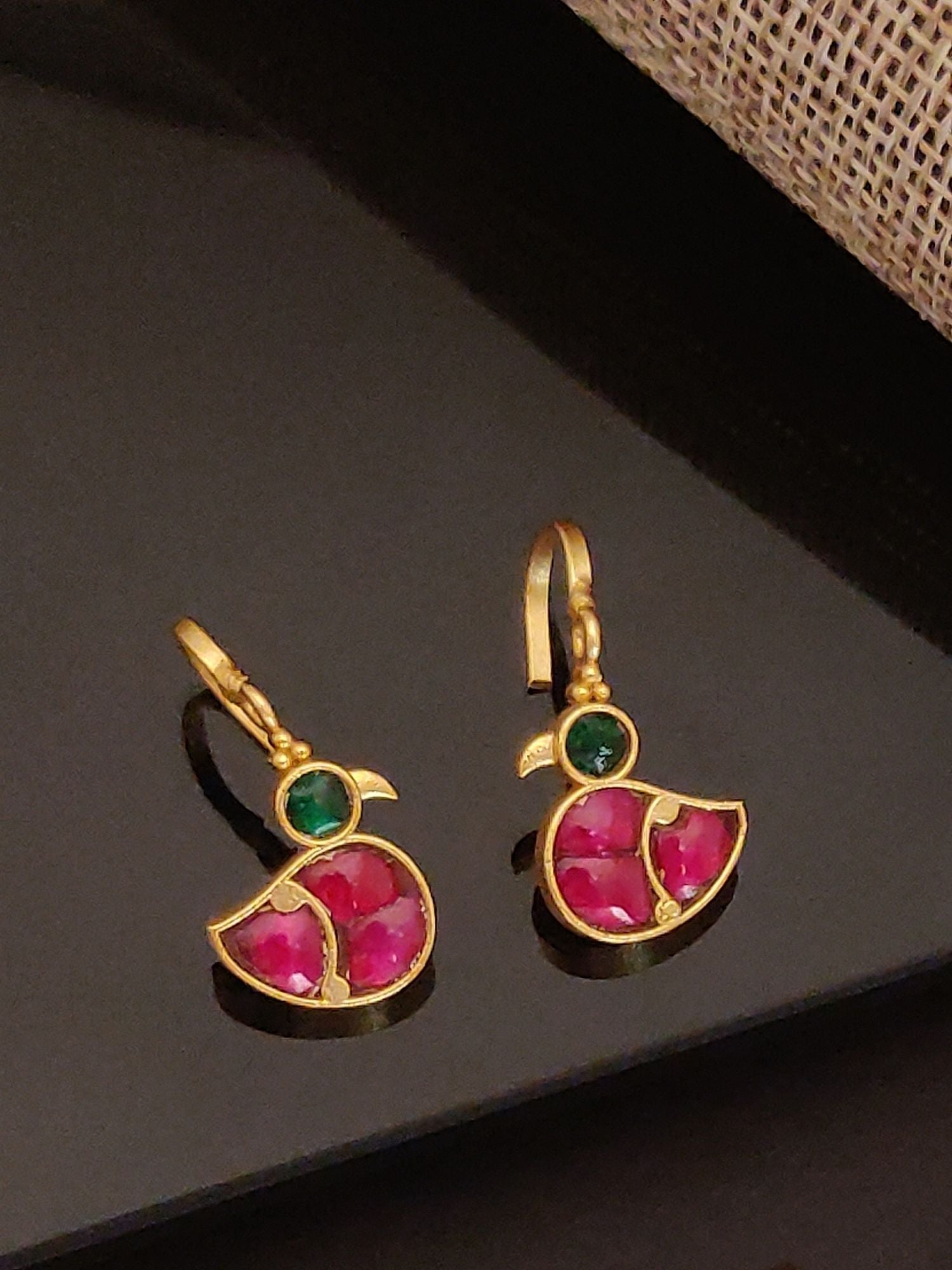 Abdesigns Jewellery Gold Plated Red Green Duck Bugadi earrings with vibrant red and green stones