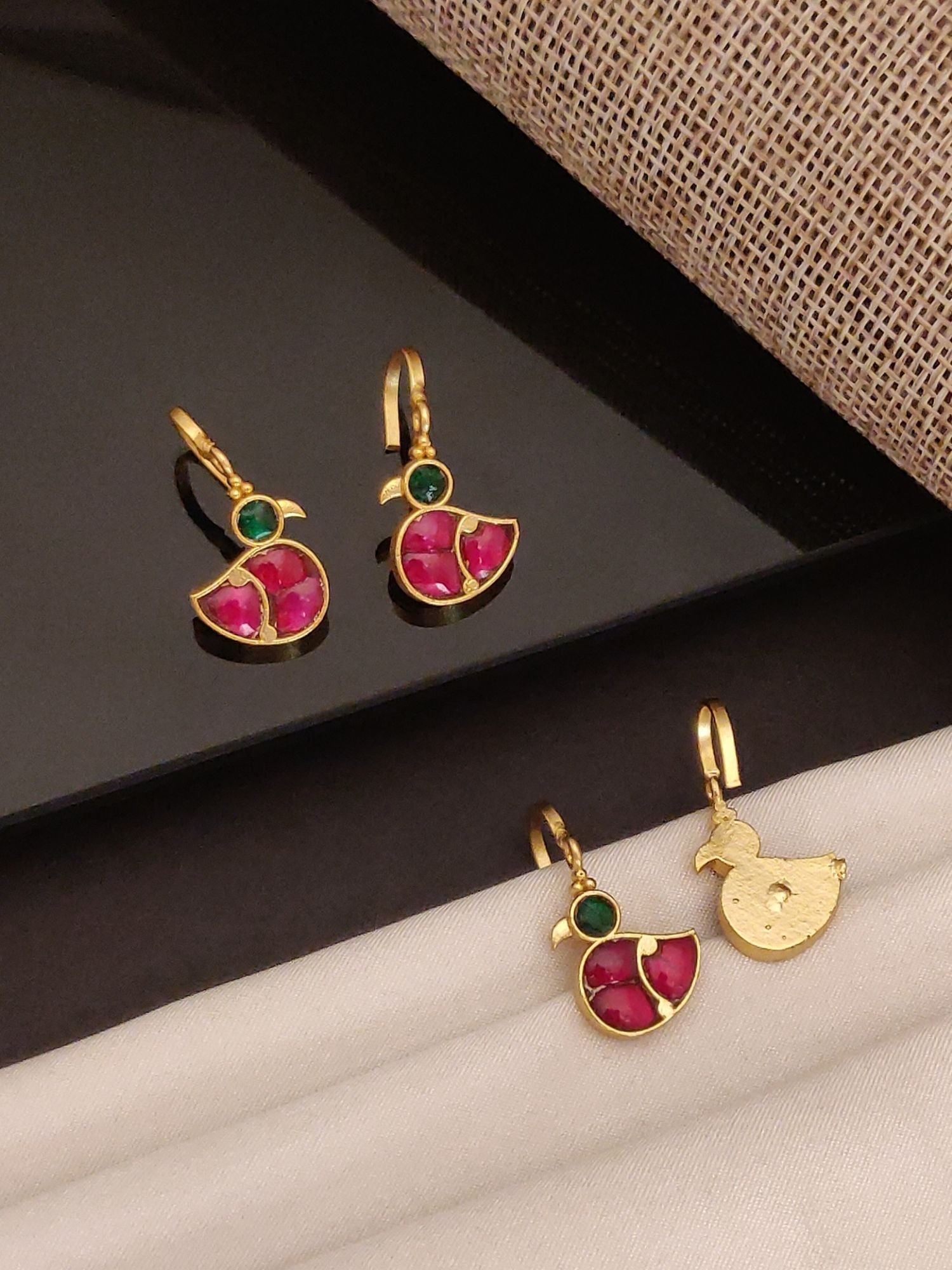 Abdesigns Jewellery Gold Plated Red Green Duck Bugadi earrings with green and red stones in duck shape