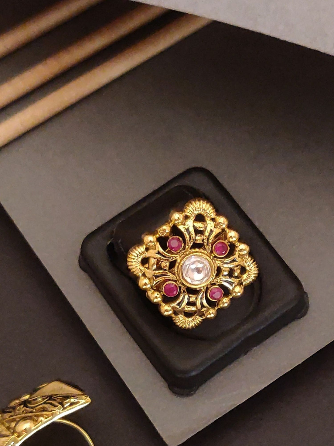 Abdesigns Jewellery Gold-Plated Traditional Cocktail Ring with intricate design and pink stones