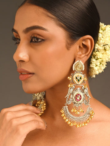 Abdesigns jewellery Gold & Silver Plated Statement Earrings worn by a woman with floral hair accessory