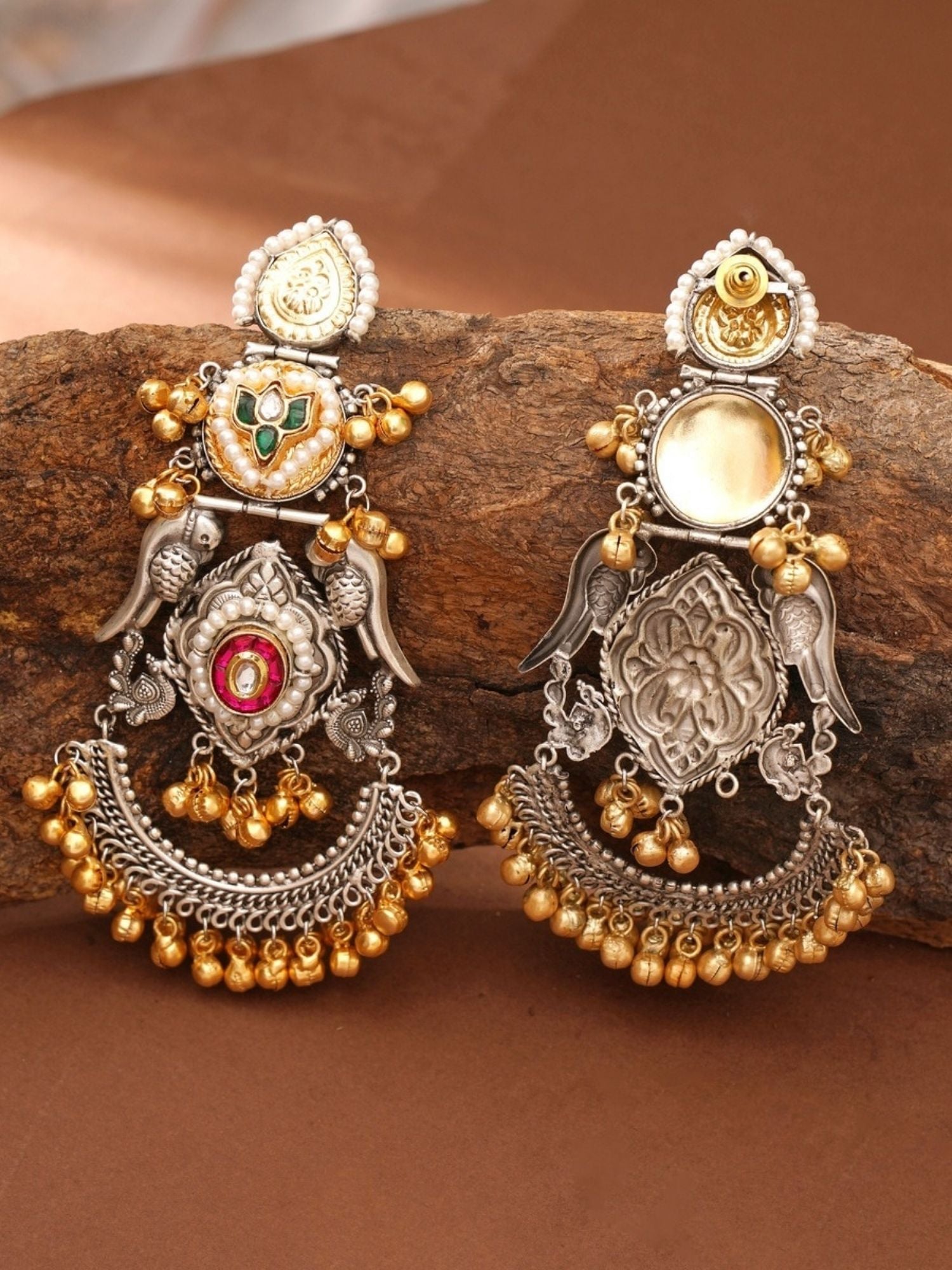 Abdesigns jewellery Gold & Silver Plated Statement Earrings with intricate design and colorful stone accents