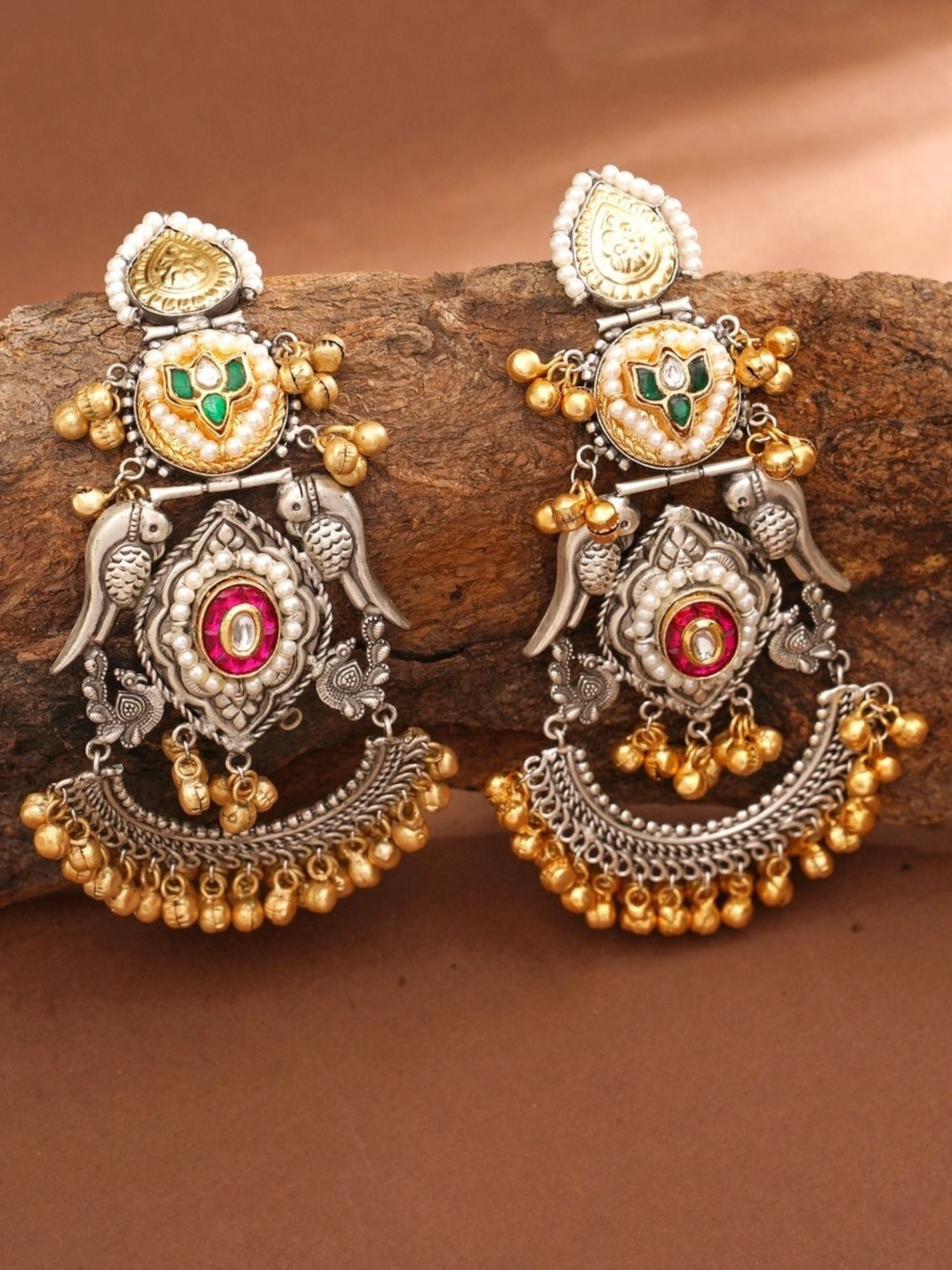 Abdesigns jewellery Gold & Silver Plated Statement Earrings with intricate design and colorful gemstones