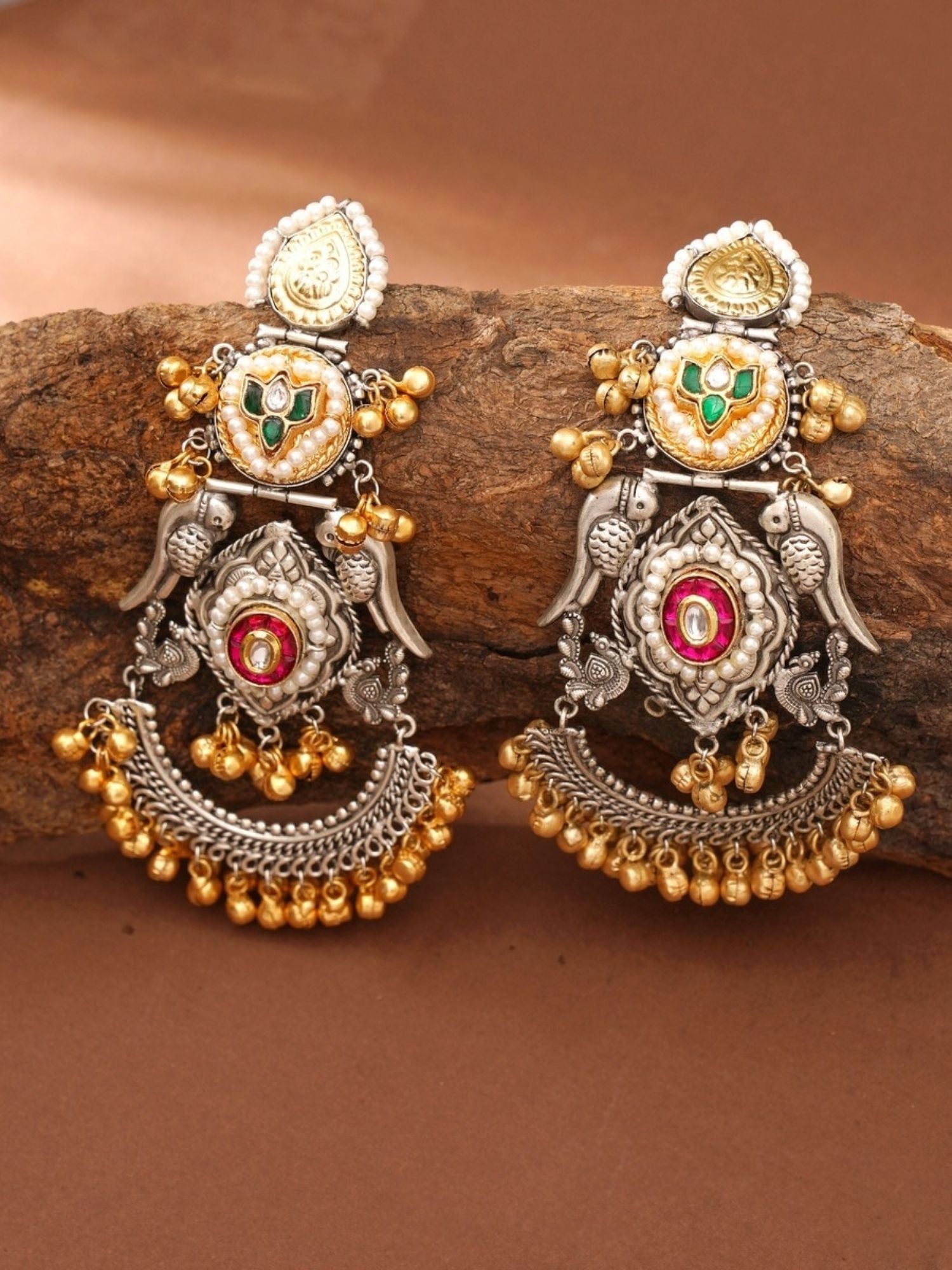 Abdesigns jewellery Gold & Silver Plated Statement Earrings with intricate multicolor detailing and gold bead accents