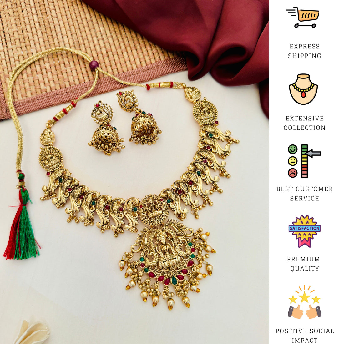 Abdesigns Jewellery Gold-Tone Traditional Necklace Set worn by a woman with matching earrings