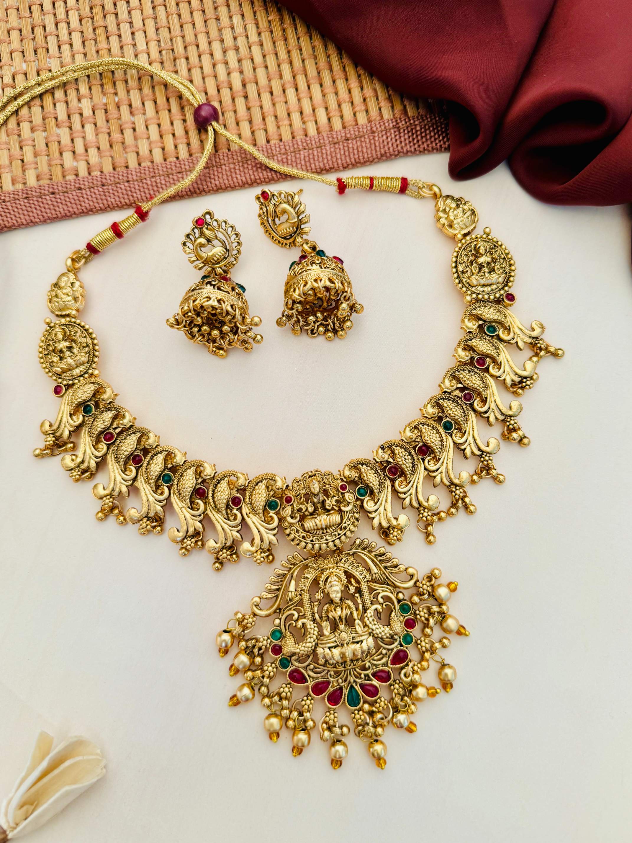 Abdesigns Jewellery Gold-Tone Traditional Necklace Set featuring intricate design with colorful stones and matching earrings