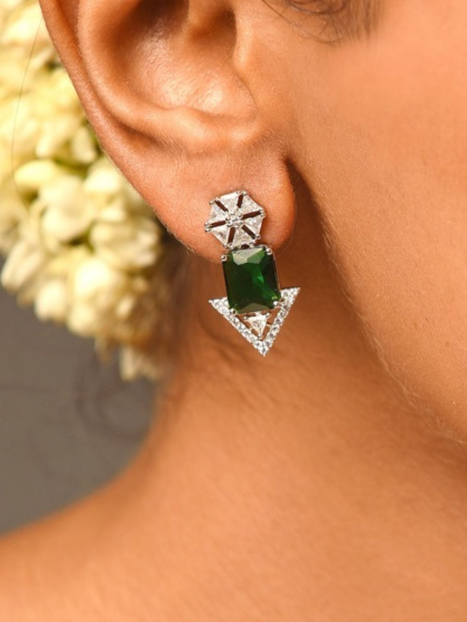 Abdesigns Jewellery Green Stone Arrow Earrings with silver geometric design and green gemstone