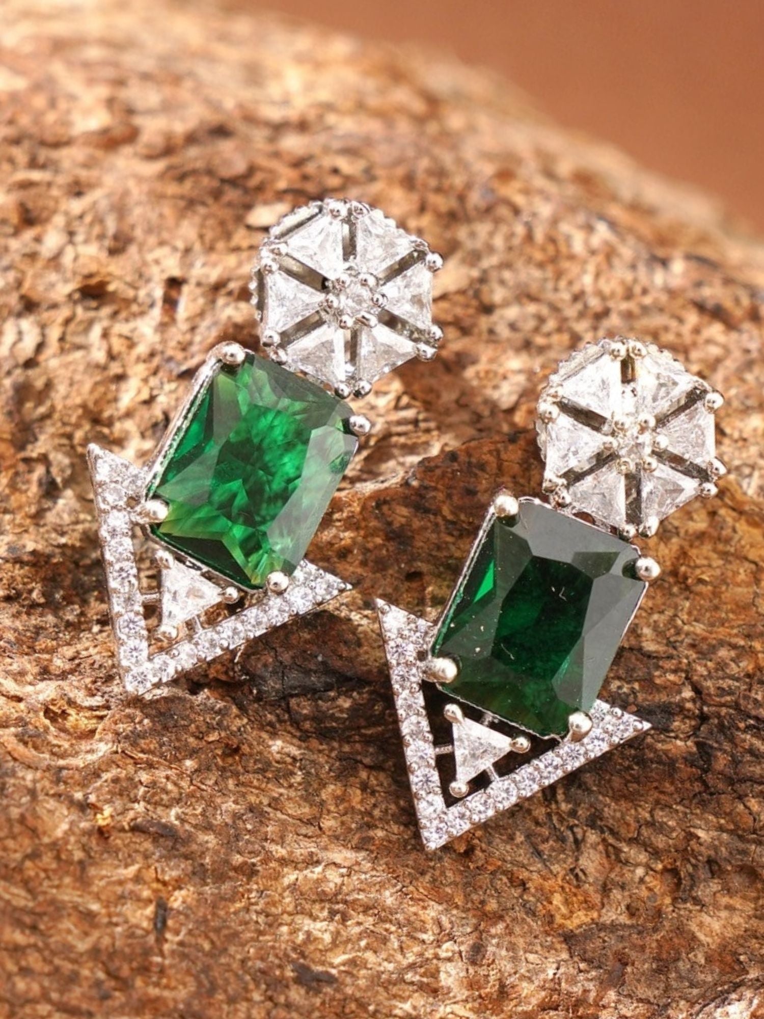 Abdesigns Jewellery Green Stone Arrow Earrings with sparkling white crystals and vibrant green stones