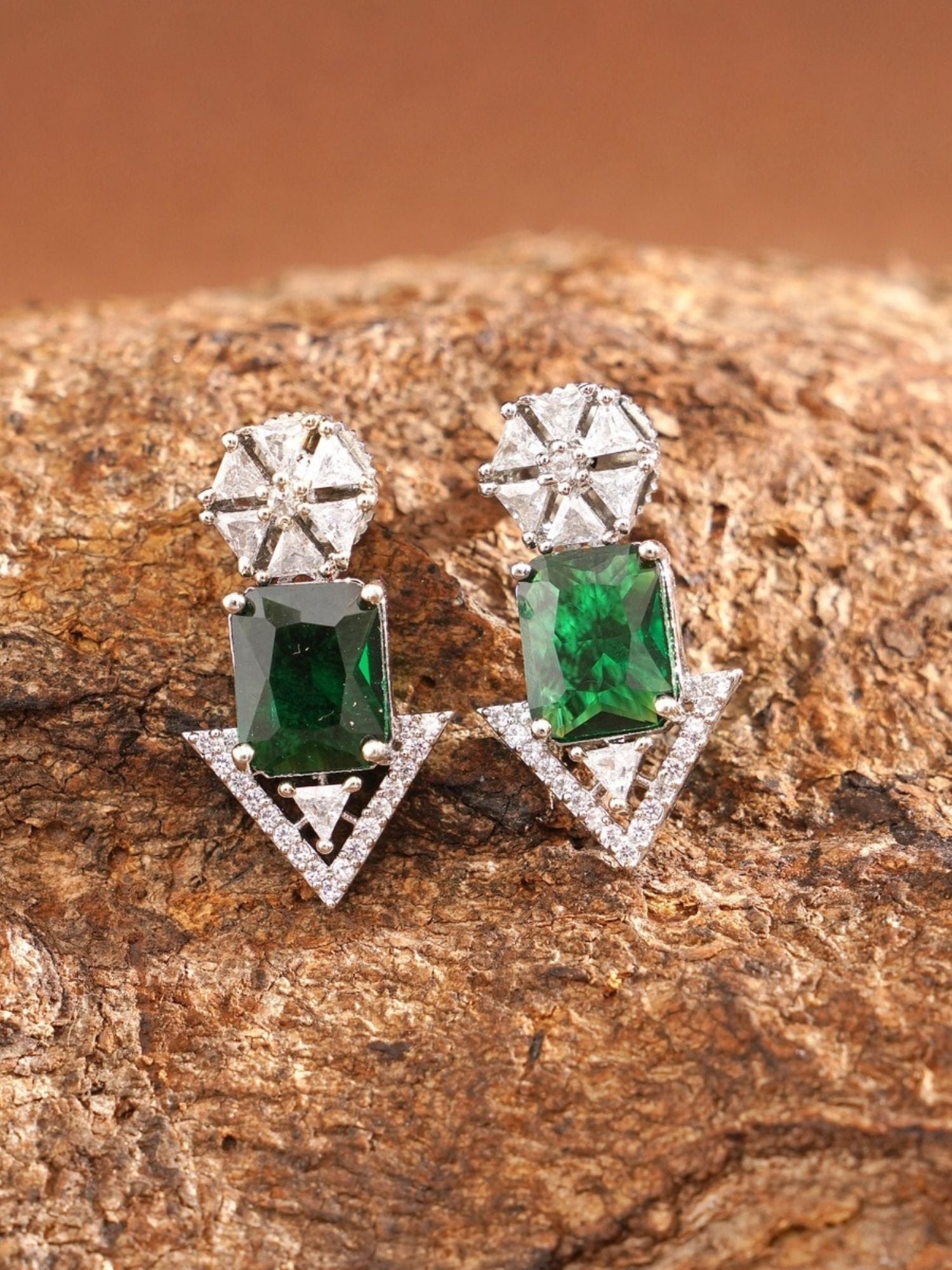 Abdesigns Jewellery Green Stone Arrow Earrings with rectangular green stones and geometric silver details