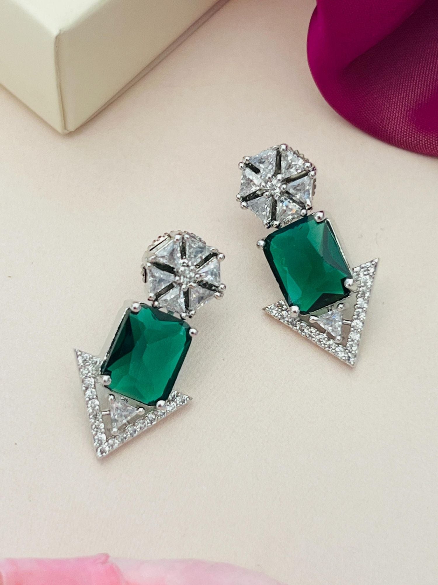 Abdesigns Jewellery Green Stone Arrow Earrings with silver and clear crystal accents