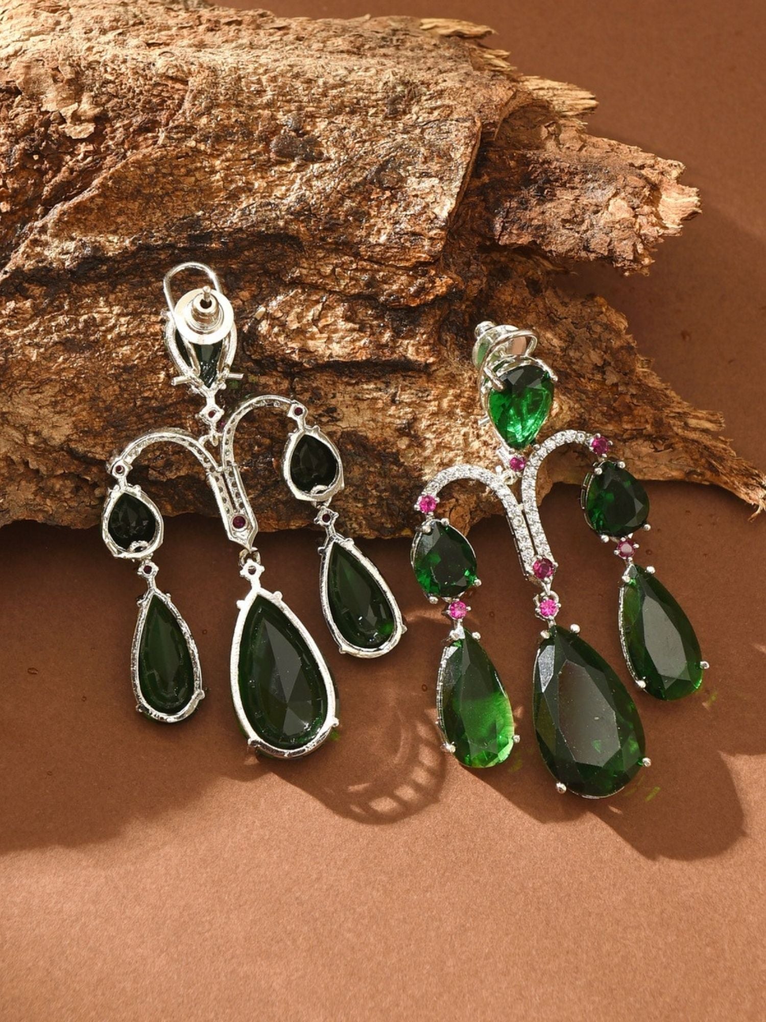 Abdesigns Jewellery Green Teardrop Earrings with Crystals featuring multiple green and black teardrop stones in silver setting
