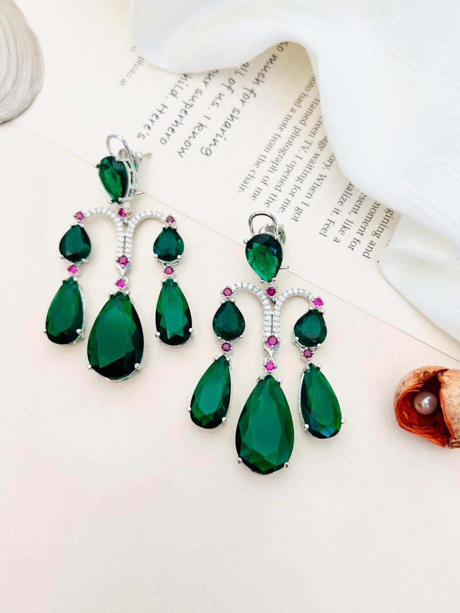 Abdesigns Jewellery Green Teardrop Earrings with Crystals featuring multiple green gemstones and pink crystal accents