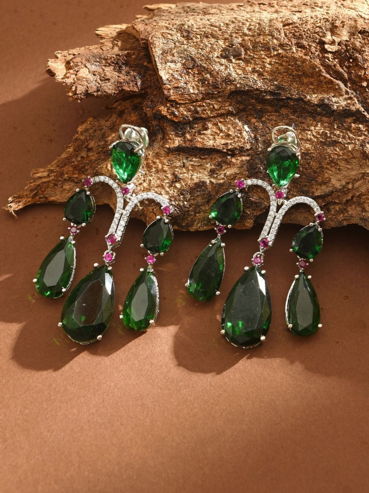 Abdesigns Jewellery Green Teardrop Earrings with Crystals featuring multiple green gemstones and pink accents
