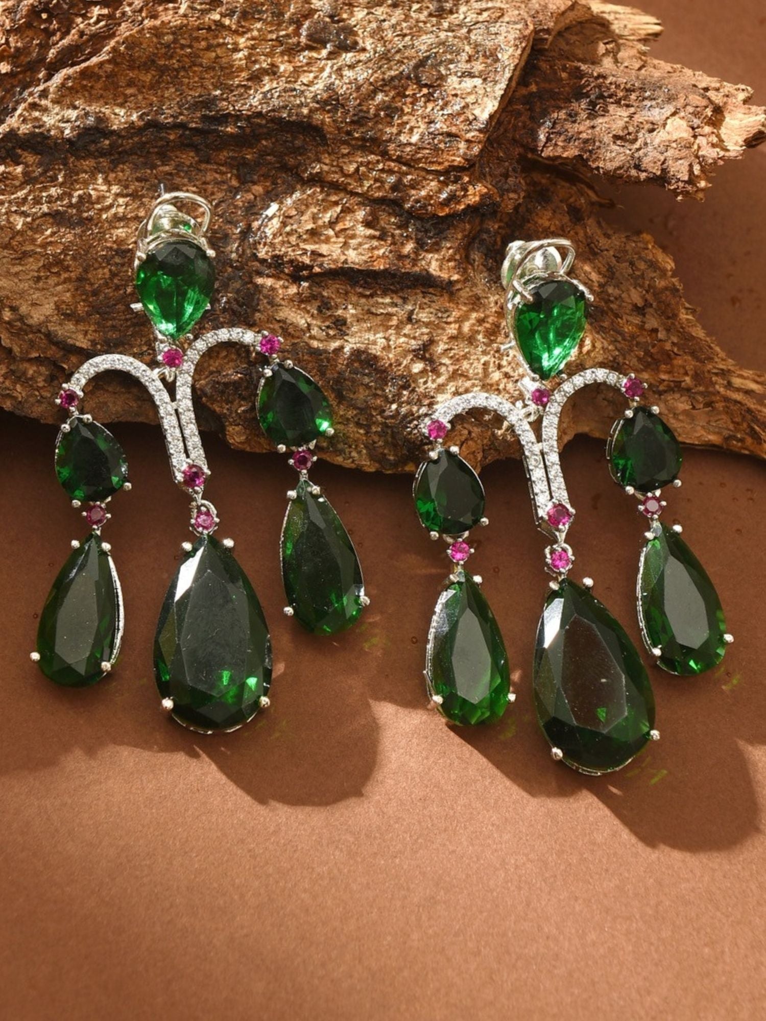 Abdesigns Jewellery Green Teardrop Earrings with Crystals featuring multiple emerald green stones and pink accents