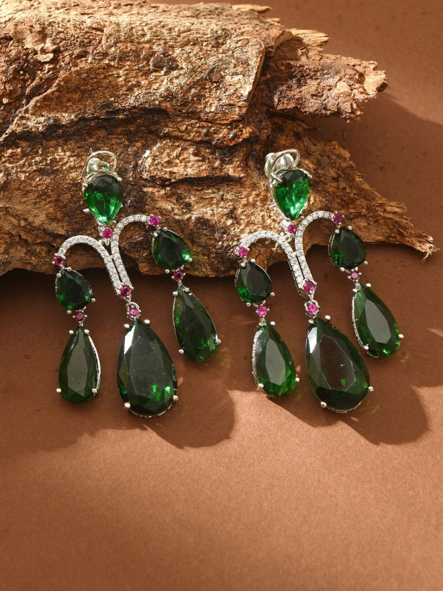 Abdesigns Jewellery Green Teardrop Earrings with Crystals featuring multiple green teardrop stones and pink crystal accents
