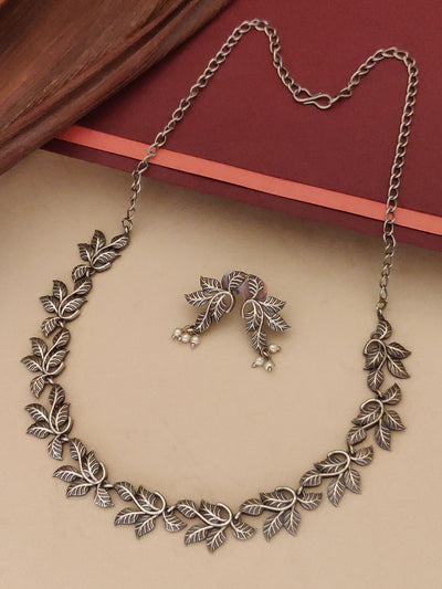 Abdesigns Jewellery Leaf Pattern Silver Necklace Set
