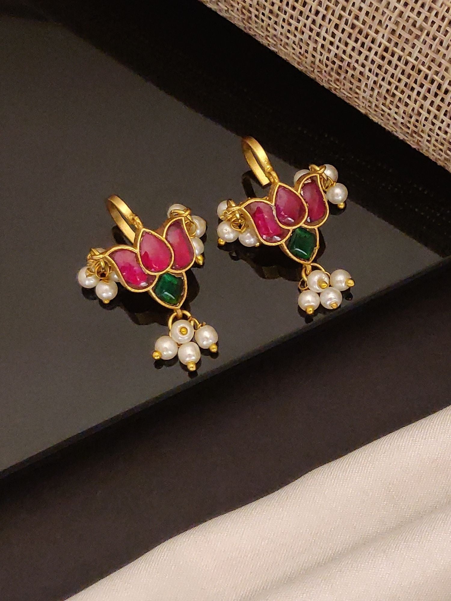 Abdesigns Jewellery Lotus Pearl Drop Gold Bugadi earrings with pink and green enamel and pearl accents