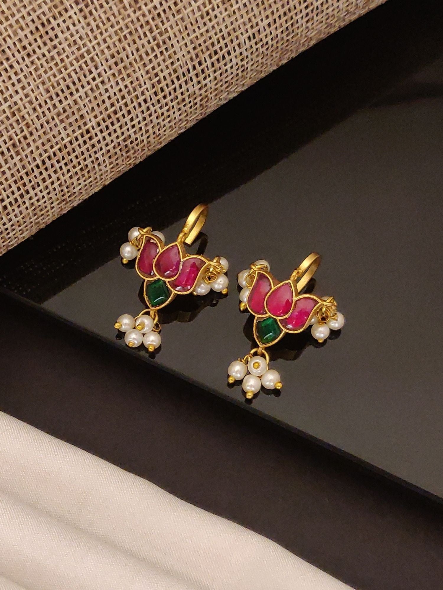 Abdesigns Jewellery Lotus Pearl Drop Gold Bugadi with pink and green enamel and pearl accents