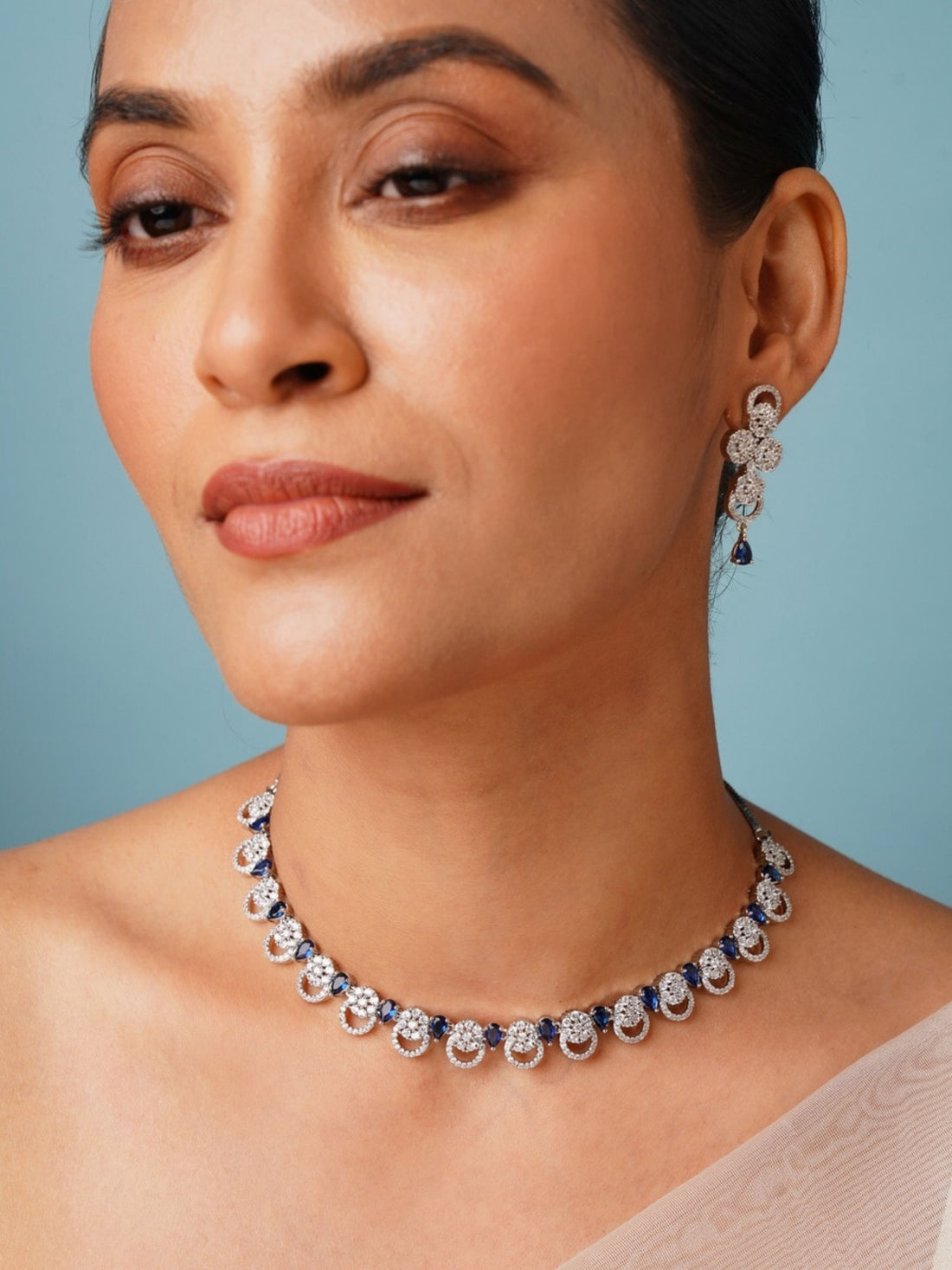 Abdesigns Jewellery Magnificent Silver Plated American Diamond Necklace Set worn by model with matching earrings