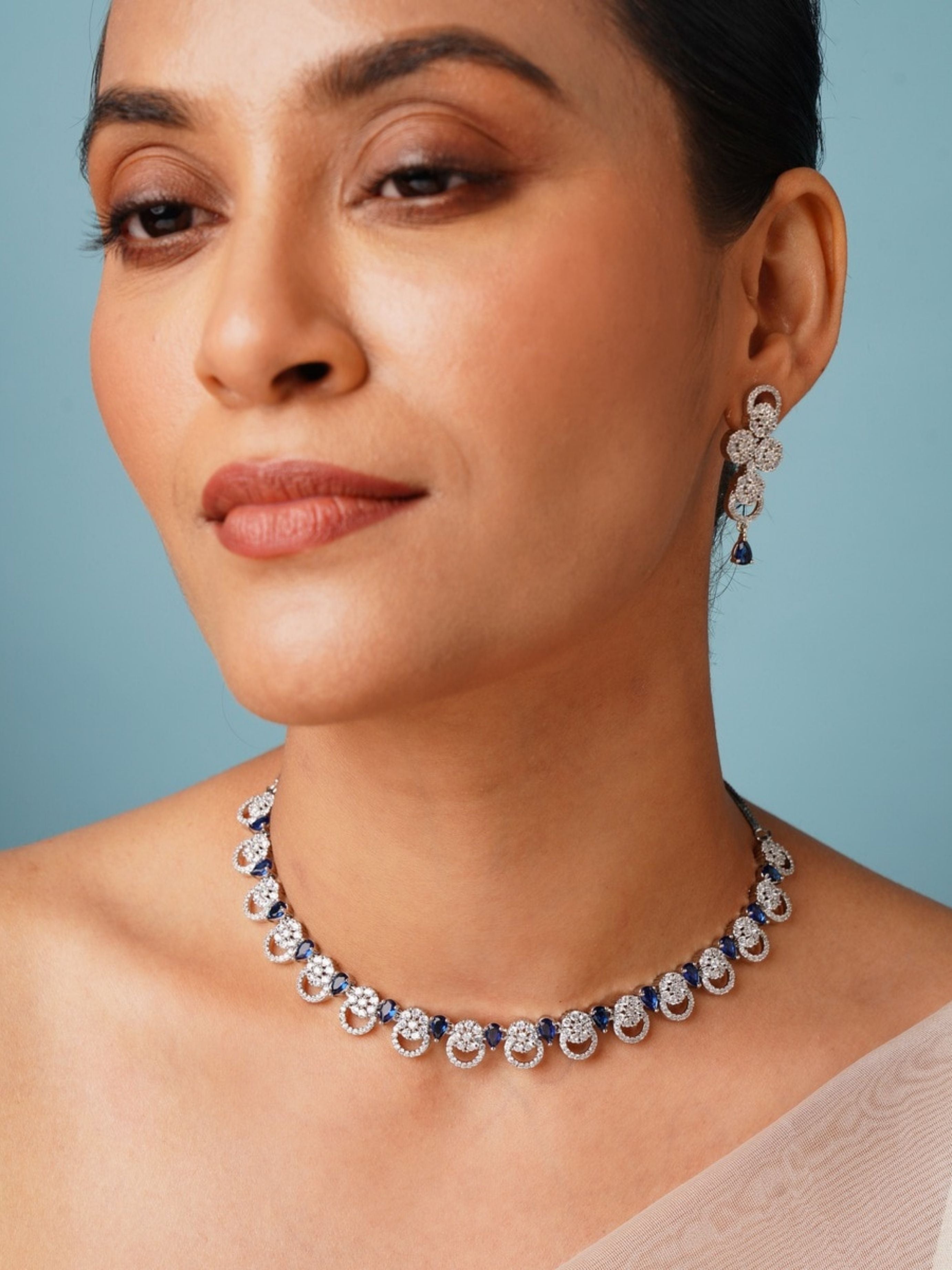 Abdesigns Jewellery Magnificent Silver Plated American Diamond Necklace Set worn by model with matching earrings
