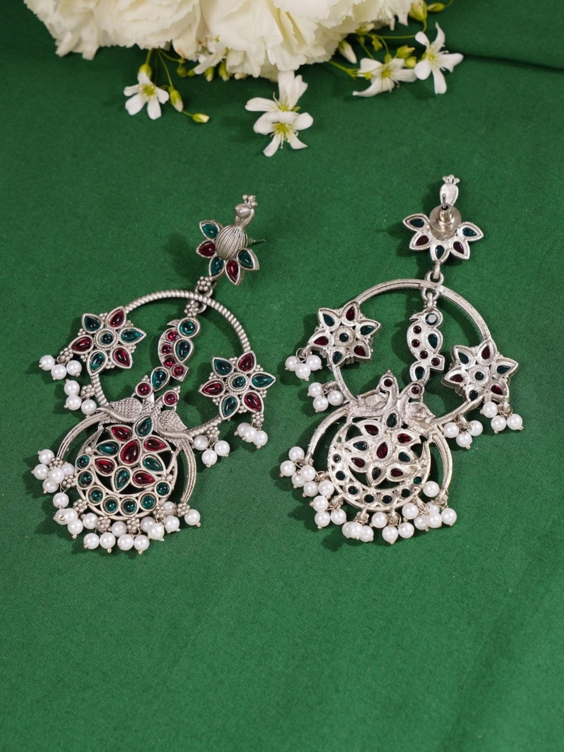 Abdesigns Jewellery Pearl Drop Earrings with Floral Design featuring intricate silver work and red and green stones