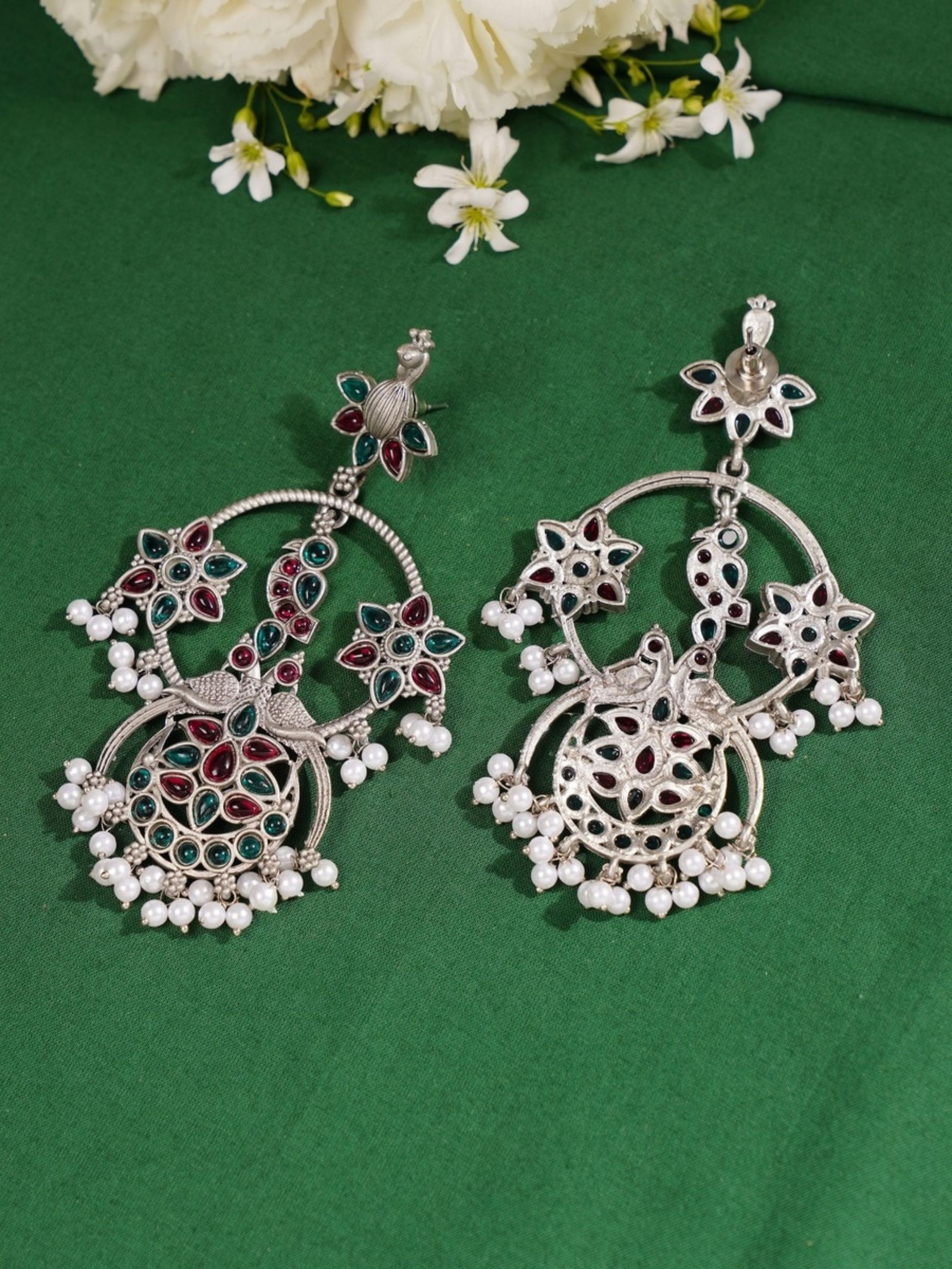 Abdesigns Jewellery Pearl Drop Earrings with Floral Design featuring intricate silver work and red and green stones