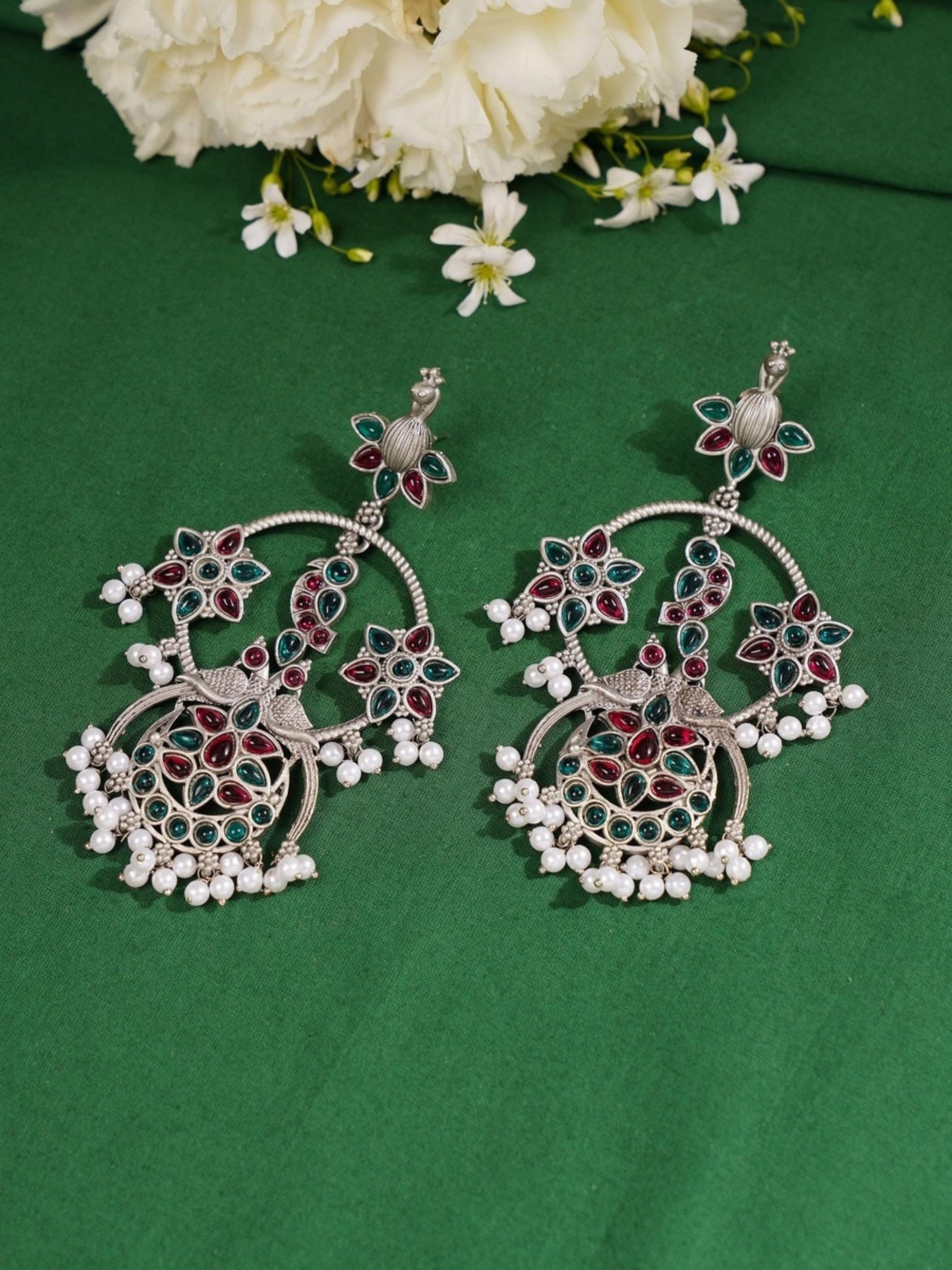 Abdesigns Jewellery Pearl Drop Earrings with Floral Design featuring colorful stones and pearl accents