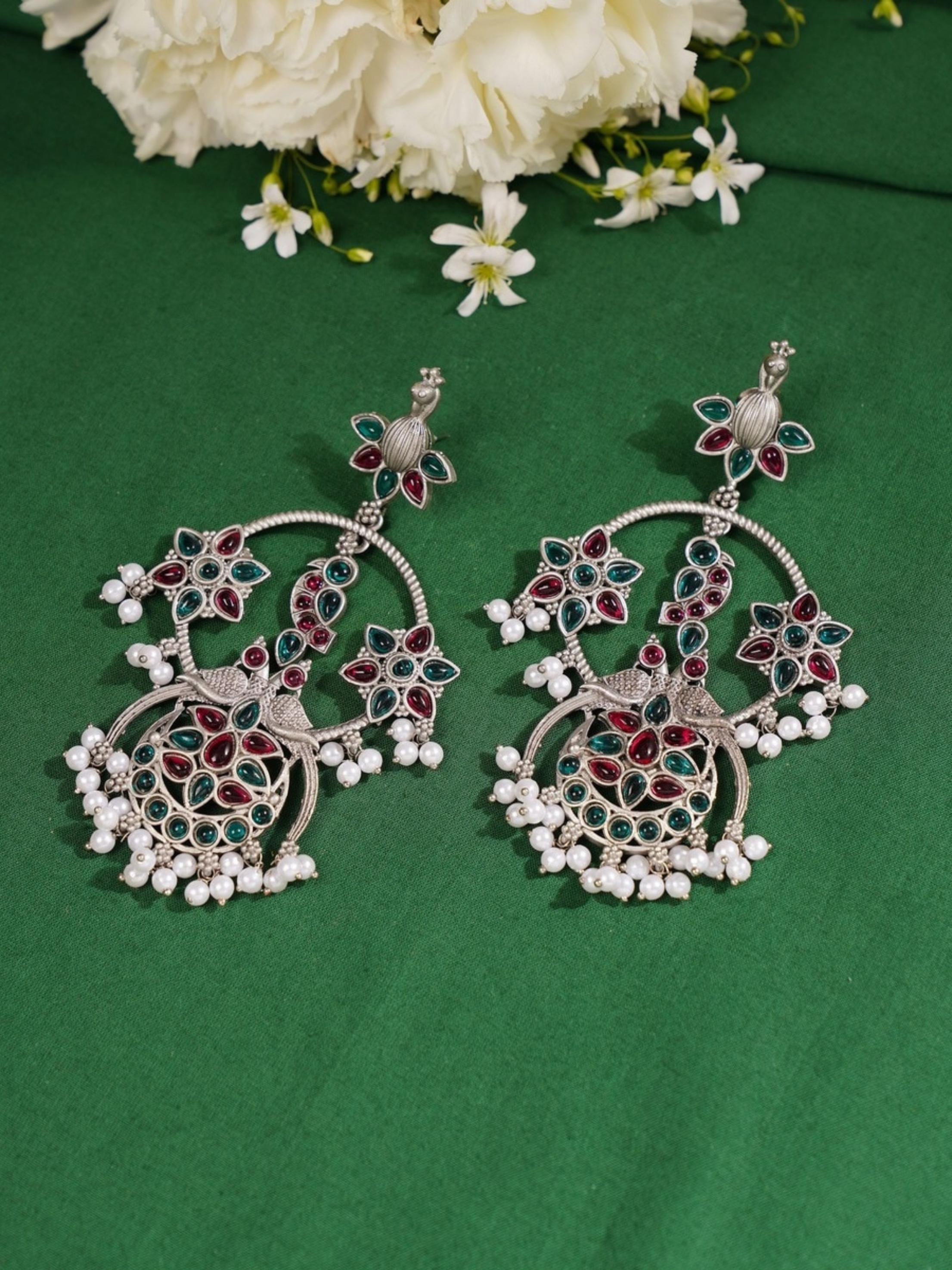 Abdesigns Jewellery Pearl Drop Earrings with Floral Design featuring colorful stones and pearl accents