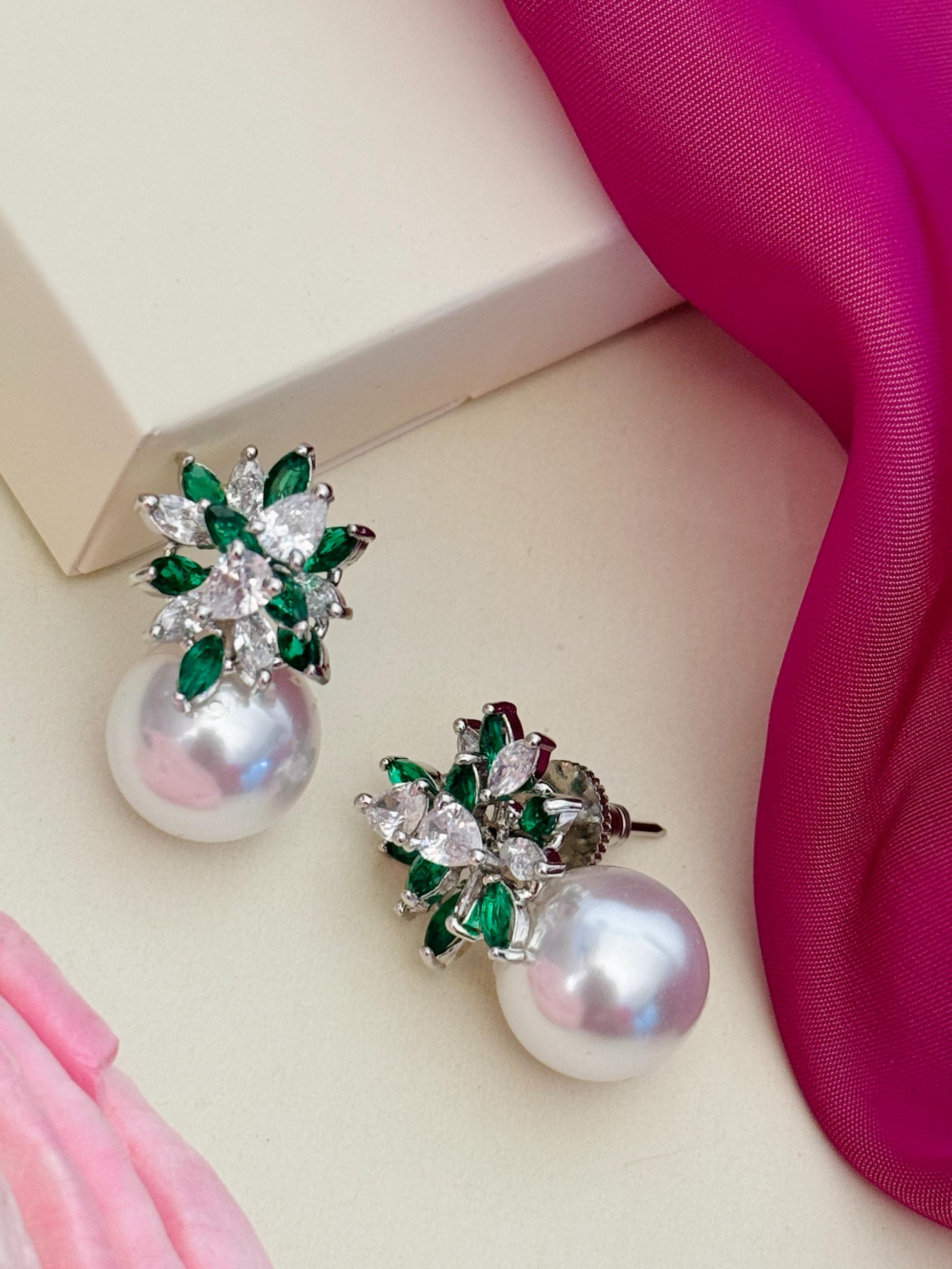 Abdesigns Jewellery Pearl & Green Leaf Earrings featuring green stones and white pearls