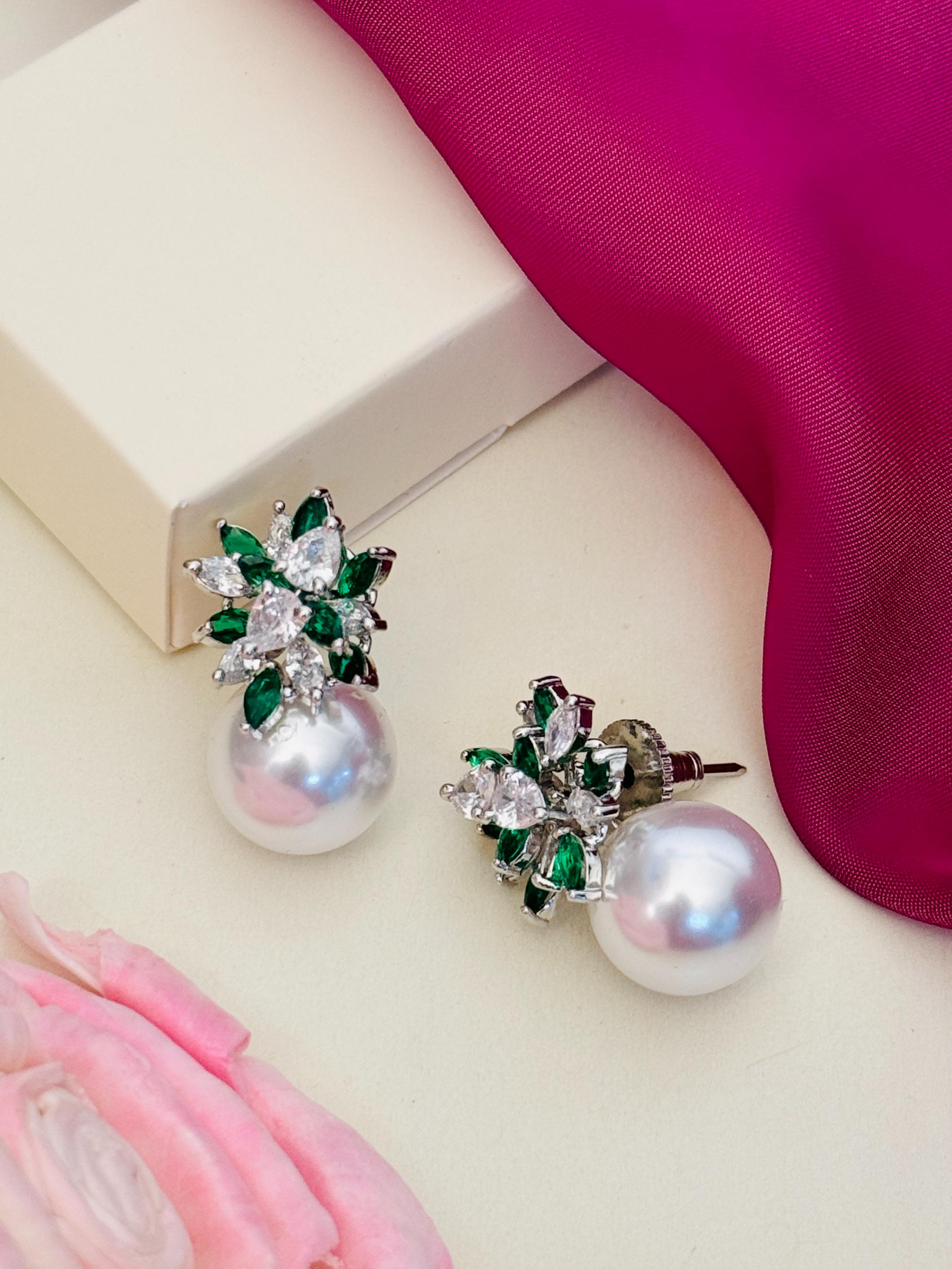 Abdesigns Jewellery Pearl & Green Leaf Earrings with sparkling gemstones and pearl drops