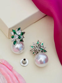 Thumbnail for Abdesigns Jewellery Pearl & Green Leaf Earrings with silver setting and crystal details