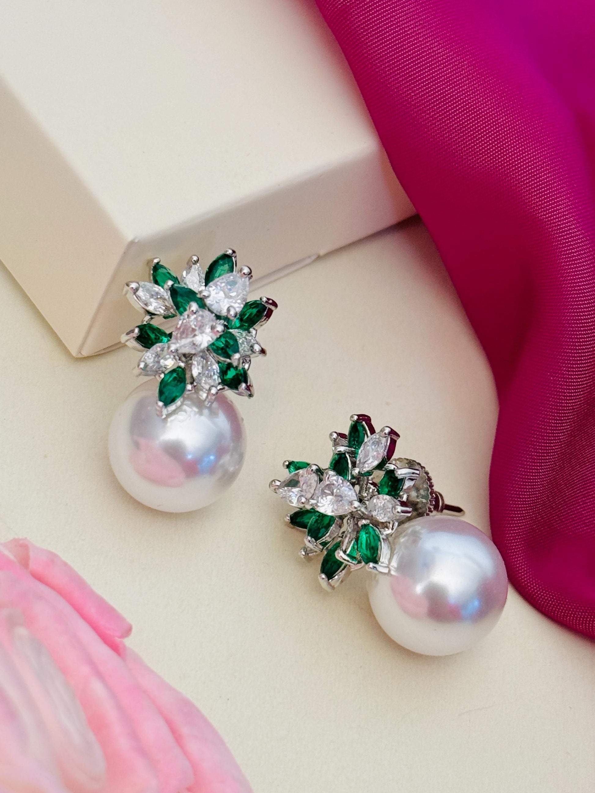 Abdesigns Jewellery Pearl & Green Leaf Earrings with sparkling gems and large pearls