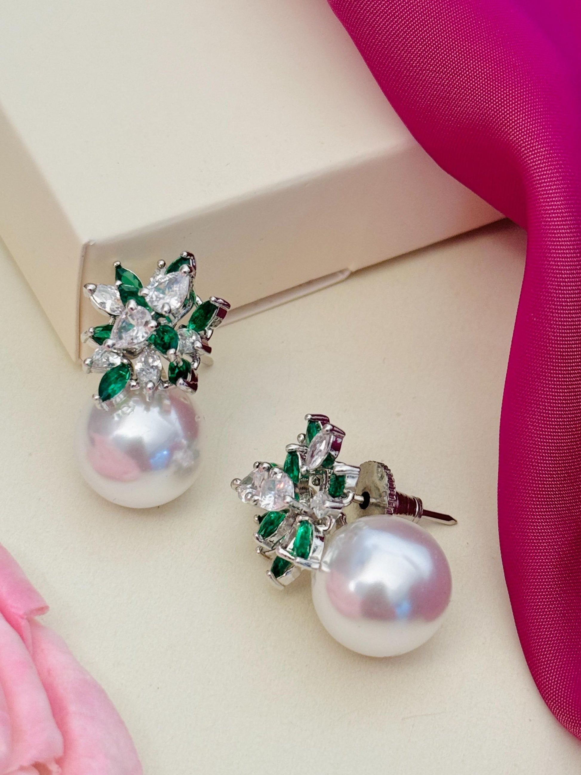 Abdesigns Jewellery Pearl & Green Leaf Earrings with silver setting and round pearls