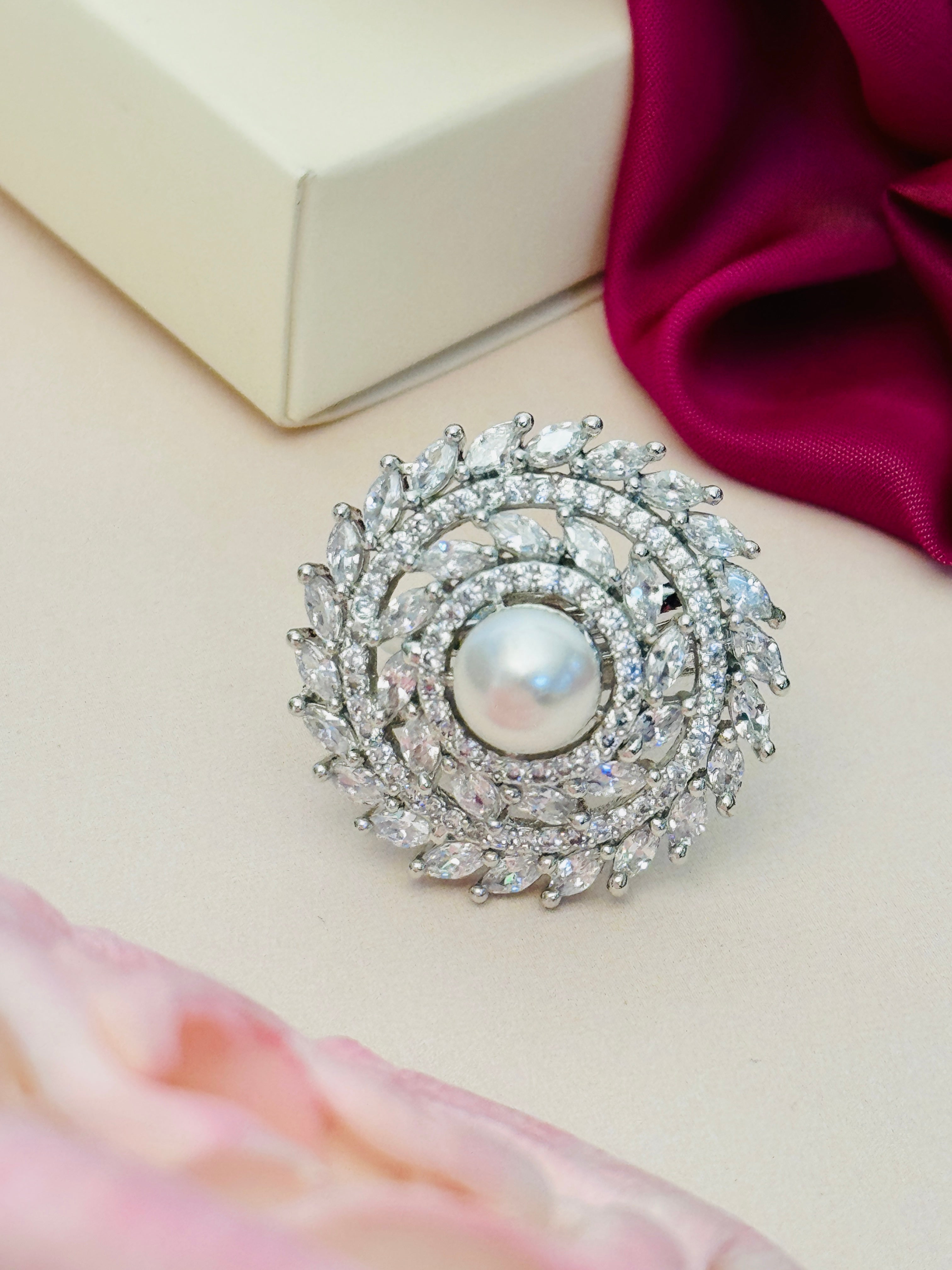 Abdesigns Jewellery Pearl & Pink Stone Silver Ring with intricate circular design and sparkling stones