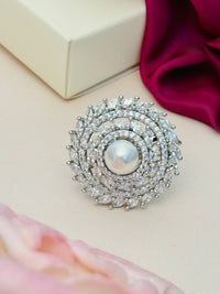 Thumbnail for Abdesigns Jewellery Pearl & Pink Stone Silver Ring with intricate circular design and sparkling stones