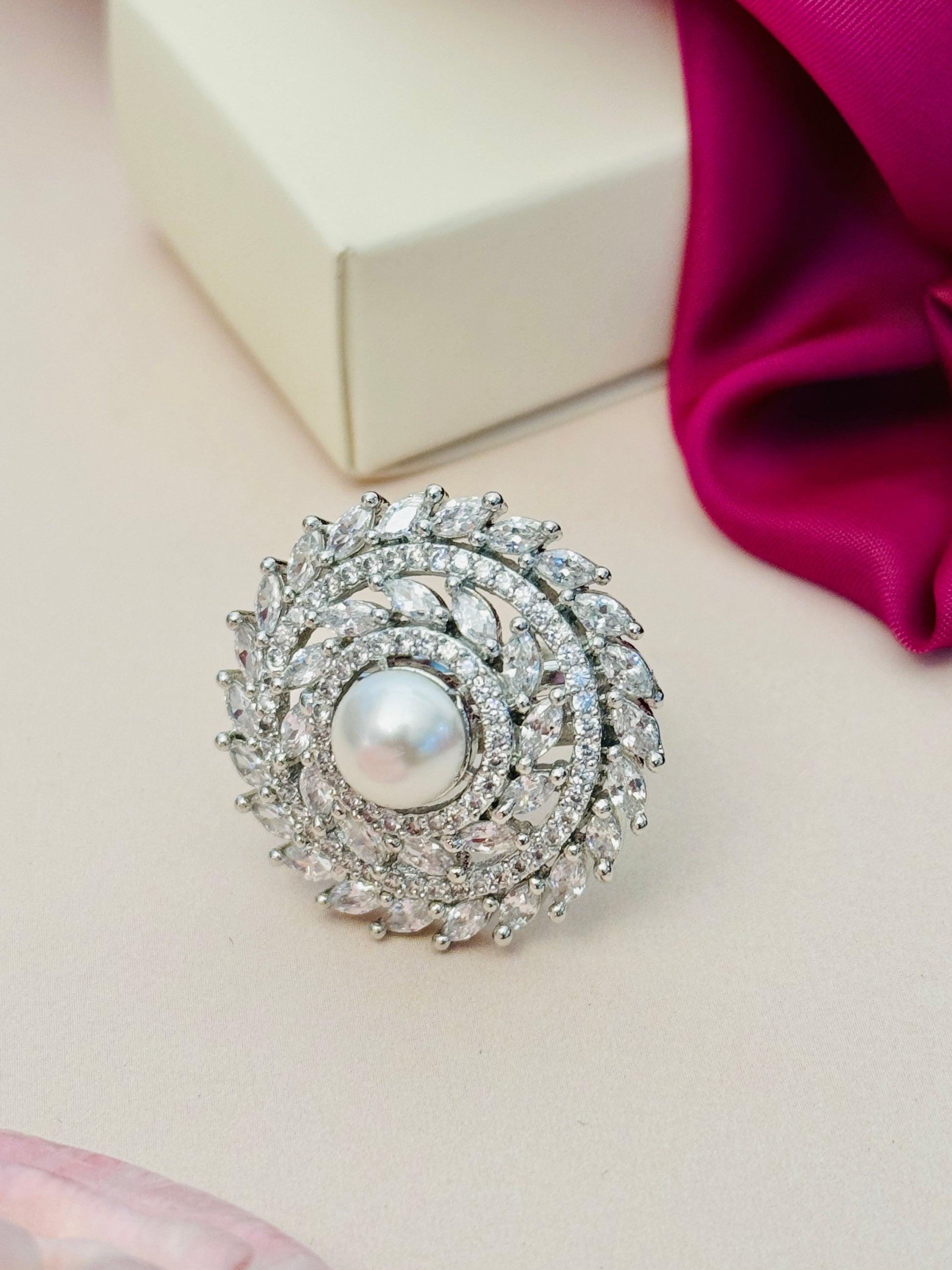 Abdesigns Jewellery Pearl & Pink Stone Silver Ring with intricate silver setting and central pearl
