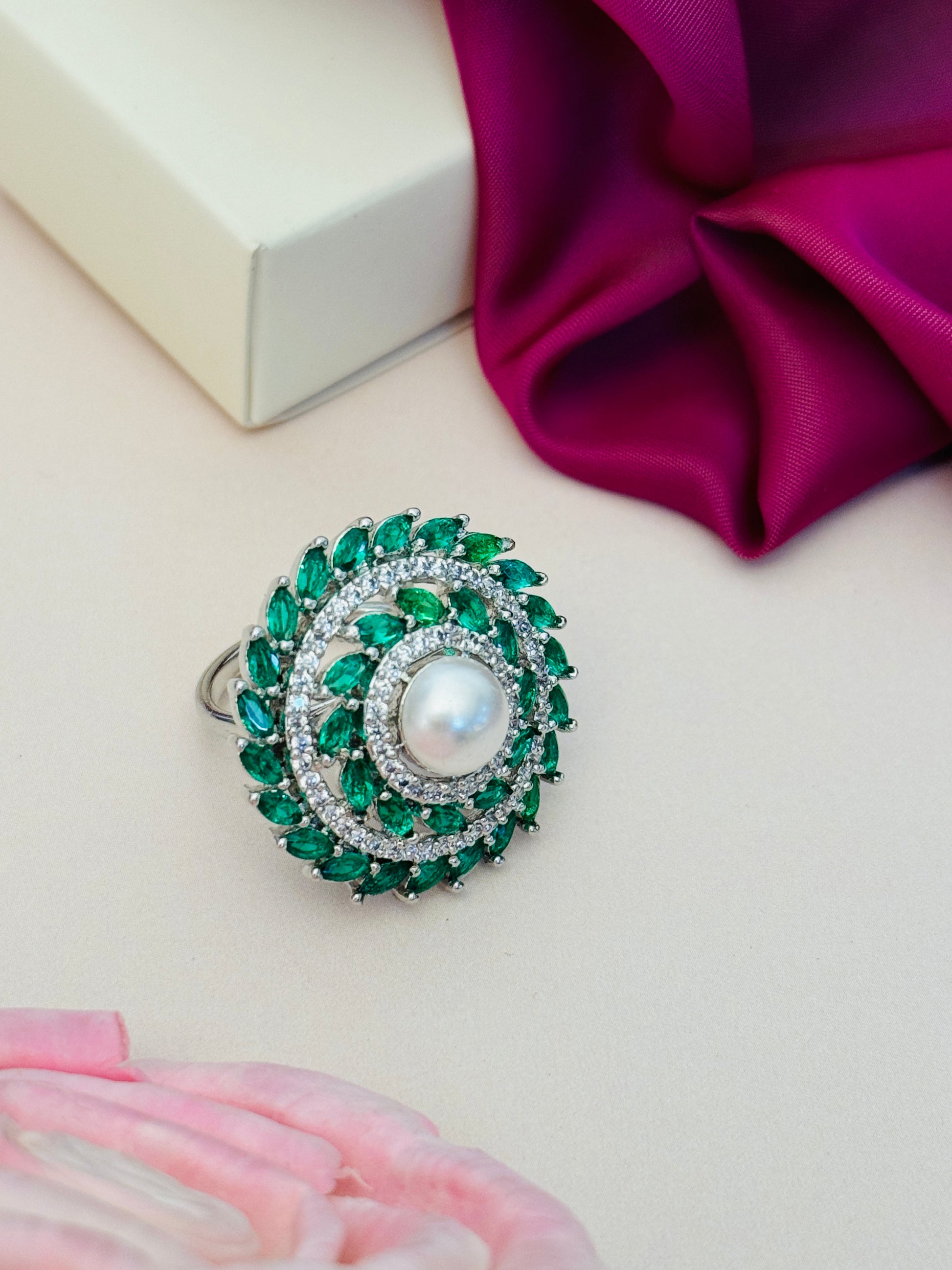 Abdesigns Jewellery Pearl & Pink Stone Silver Ring with green stones and central pearl in elegant setting
