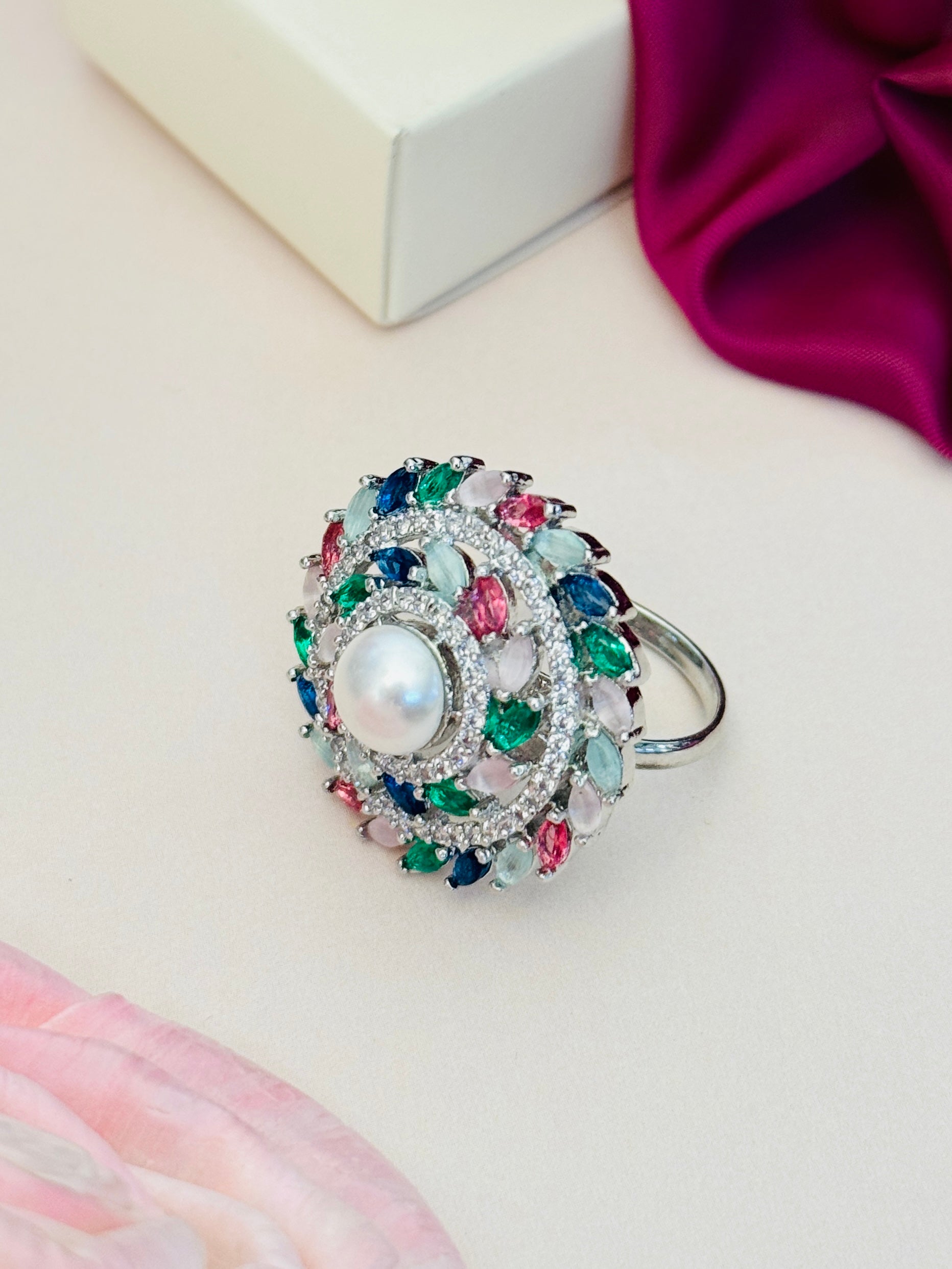 Abdesigns Jewellery Pearl & Pink Stone Silver Ring with multicolor stones and central pearl detail