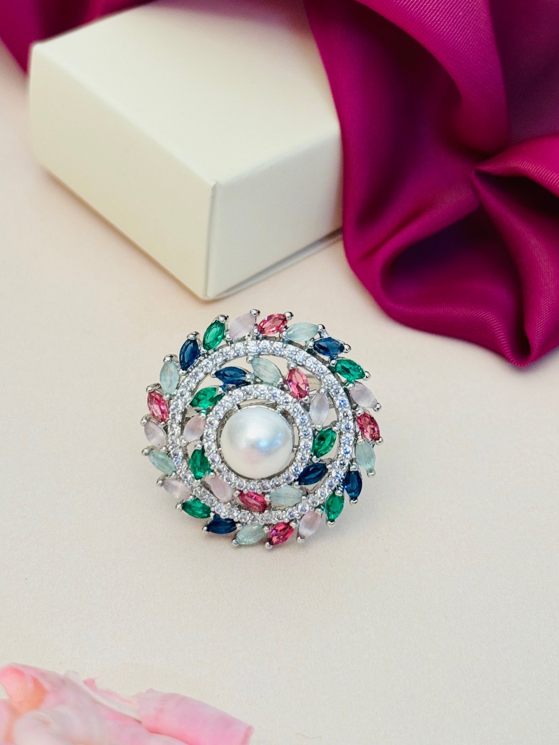Abdesigns Jewellery Pearl & Pink Stone Silver Ring with colorful gemstones and central pearl