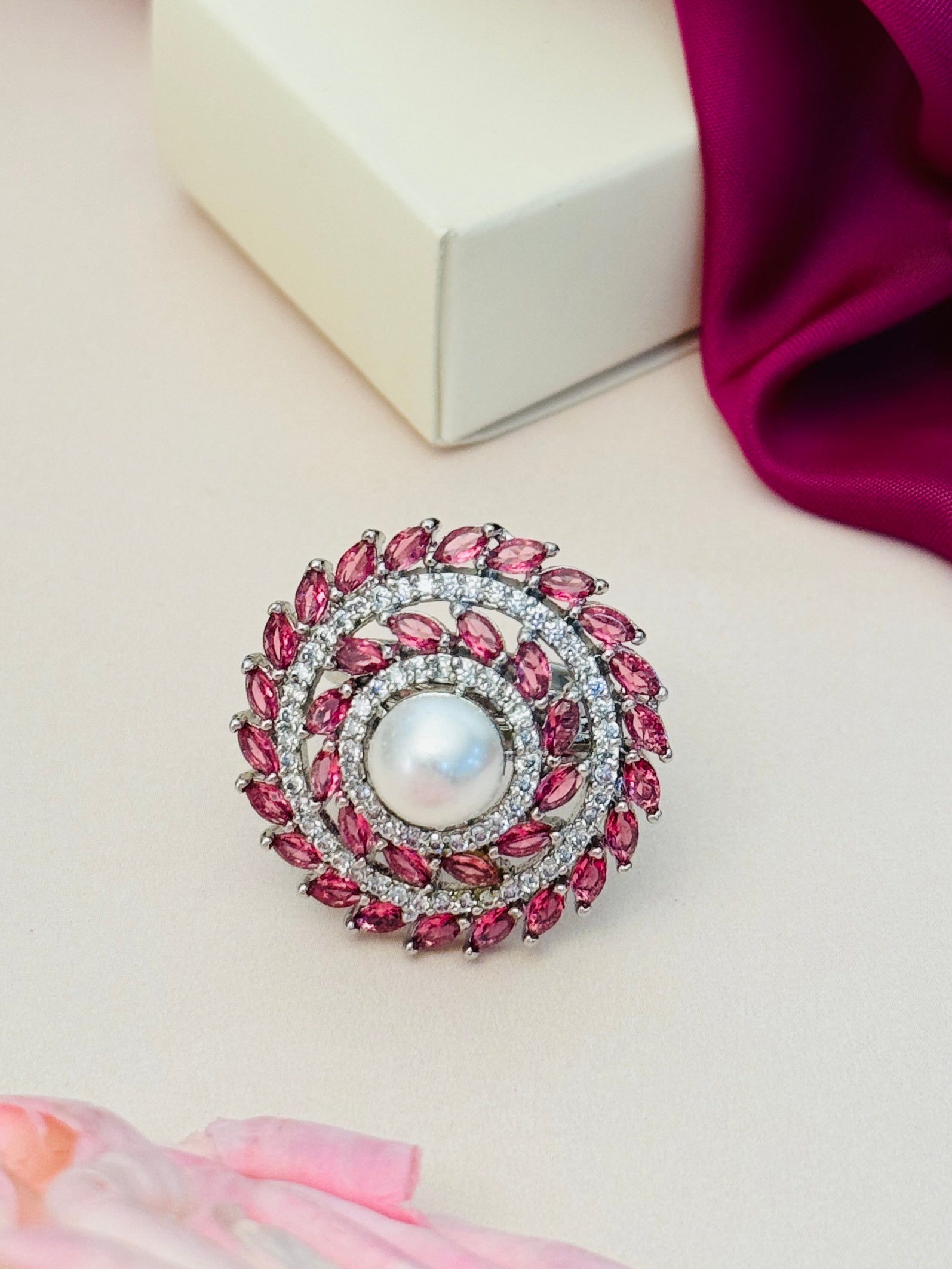 Abdesigns Jewellery Pearl & Pink Stone Silver Ring with central pearl and surrounding pink stones
