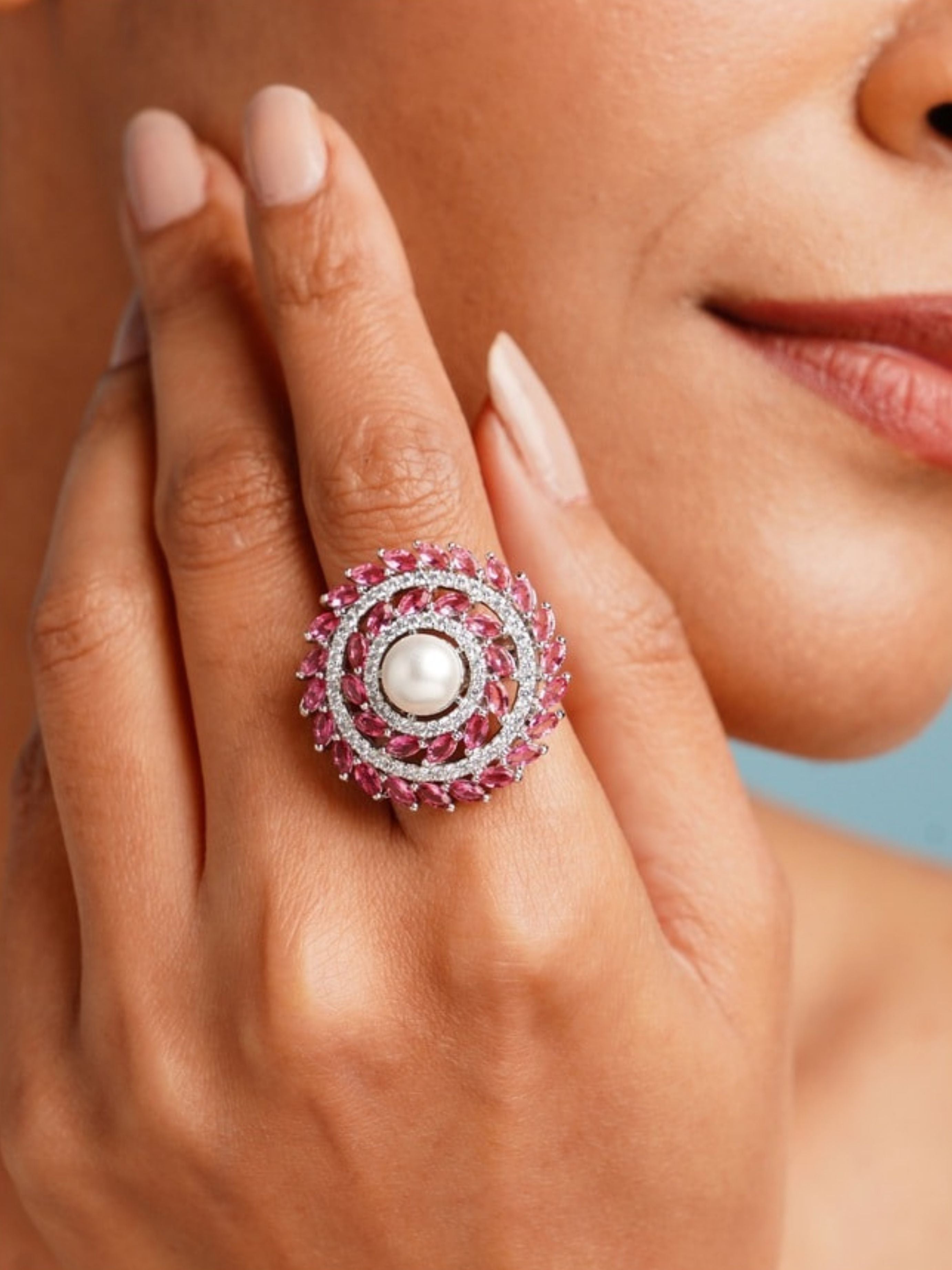 Abdesigns Jewellery Pearl & Pink Stone Silver Ring worn on finger with intricate circular design