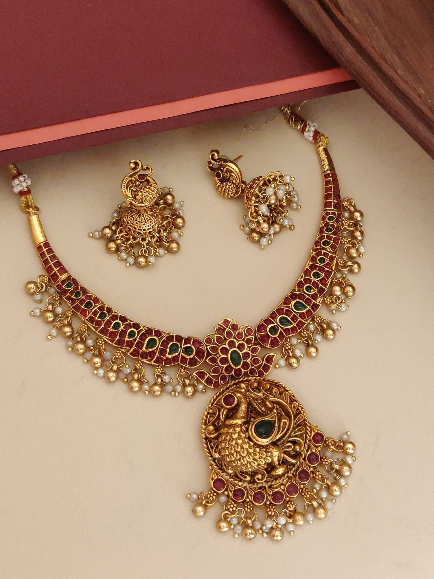 Abdesigns Jewellery Pendant Chain Set with Earrings featuring traditional gold and pearl design with intricate detailing