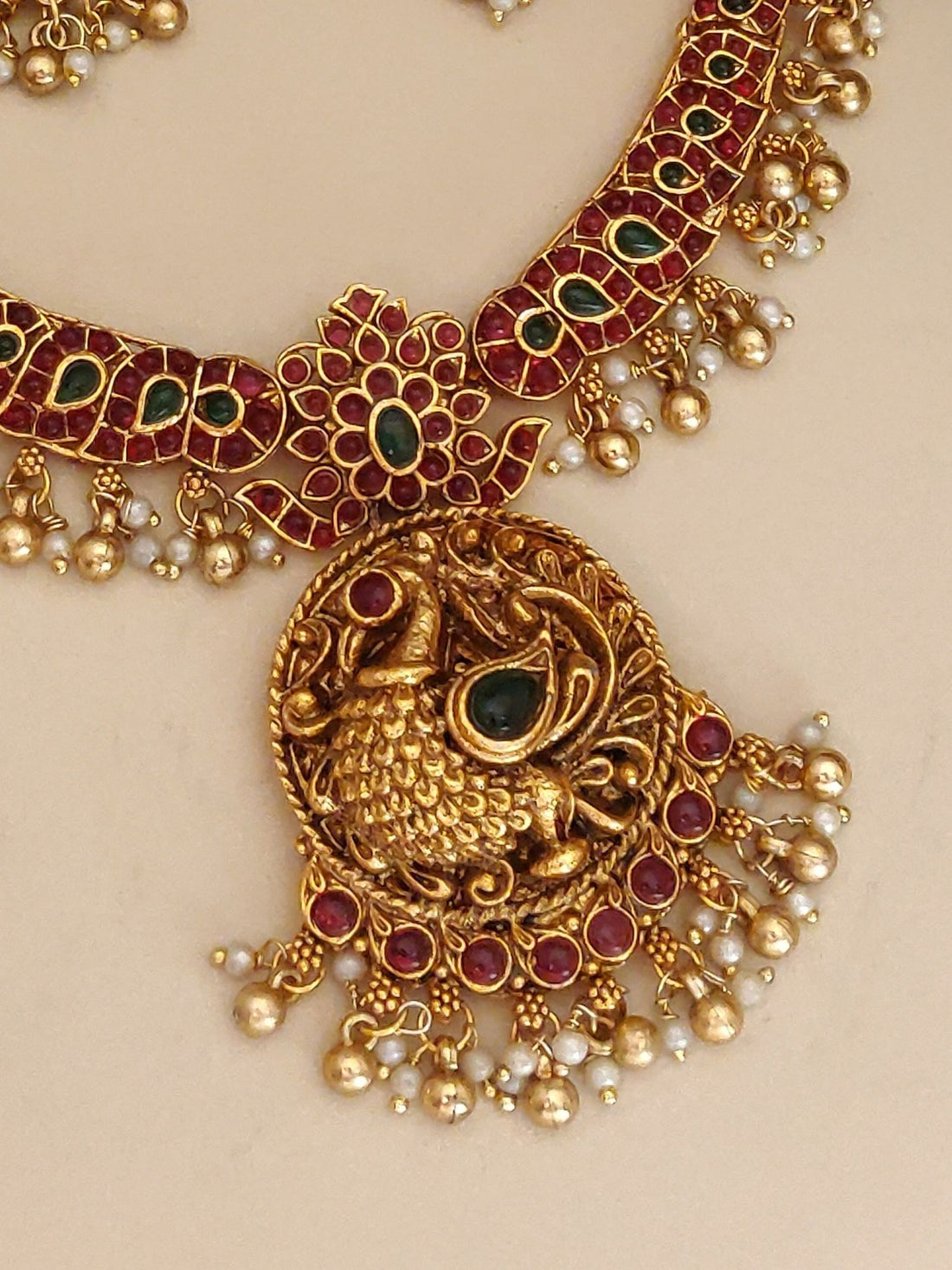 Abdesigns Jewellery Pendant Chain Set with Earrings in gold with red and green accents and pearl details