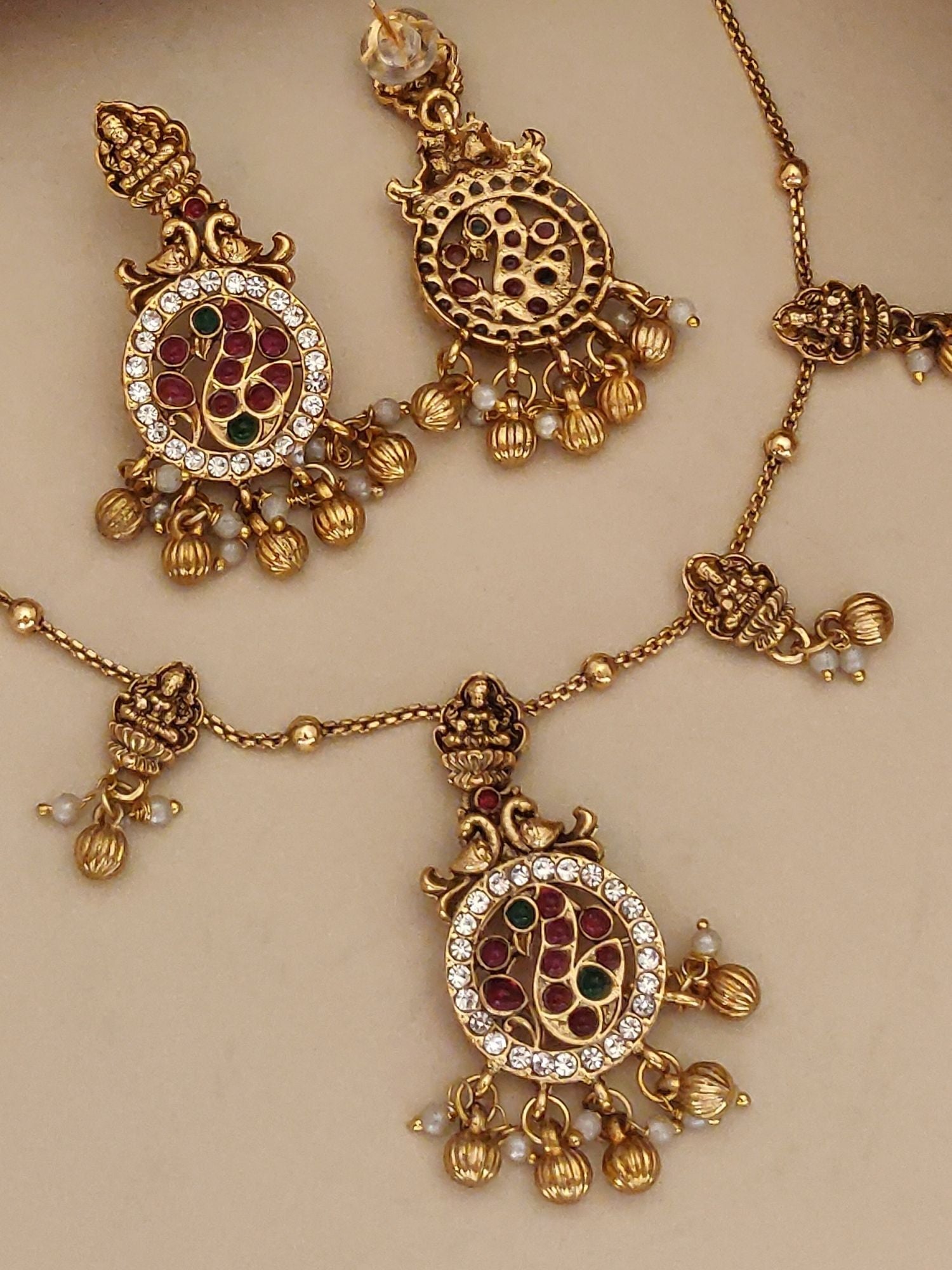 Abdesigns Jewellery Pendents Chain with Antique Gold Finish featuring intricate circular pendents with colorful stones and hanging beads